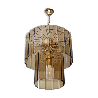 Chandelier smoked glass/gold metal 1970s