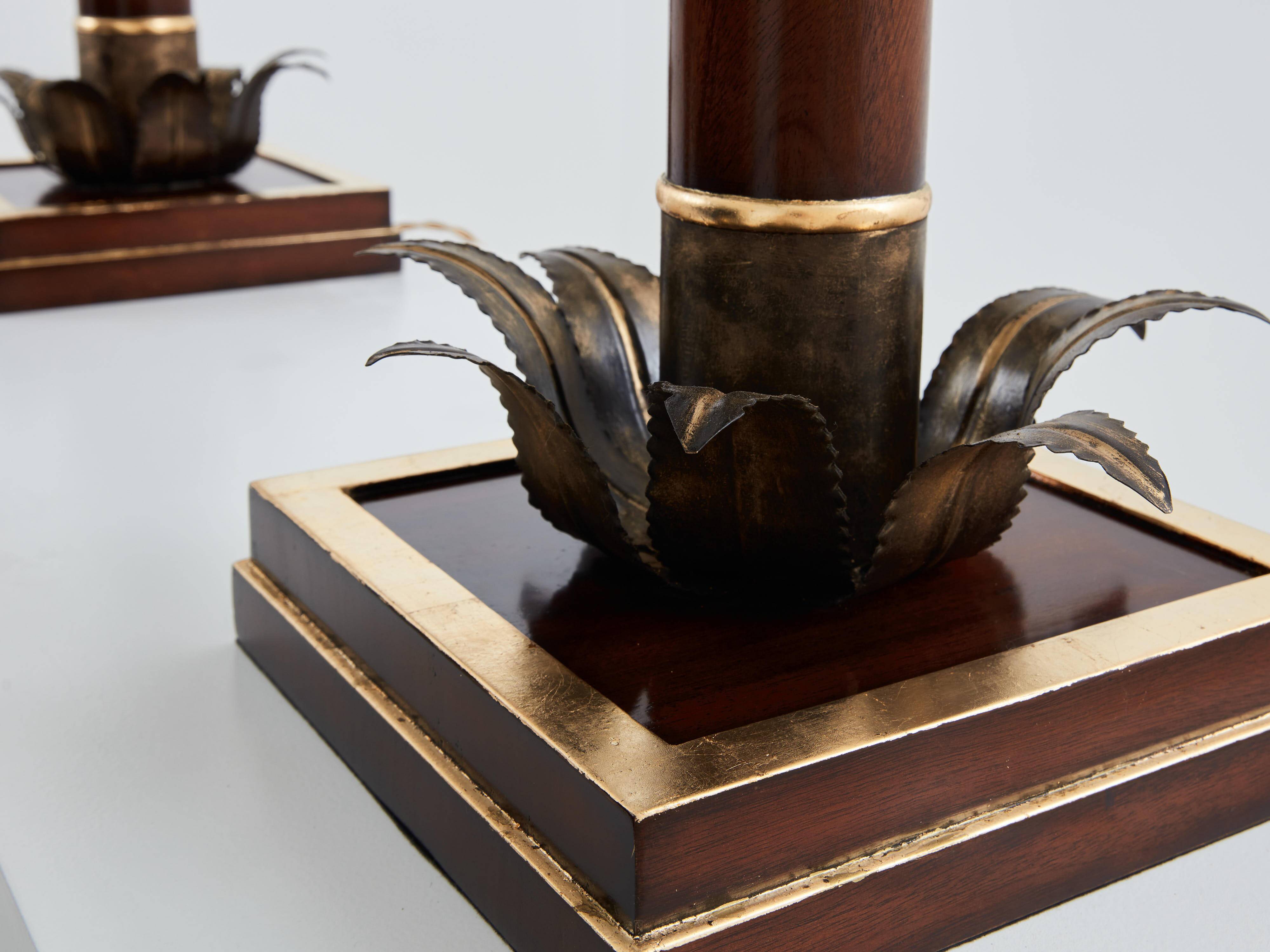 Maison Jansen style pair of bronze mahogany palm tree lamps 1960s