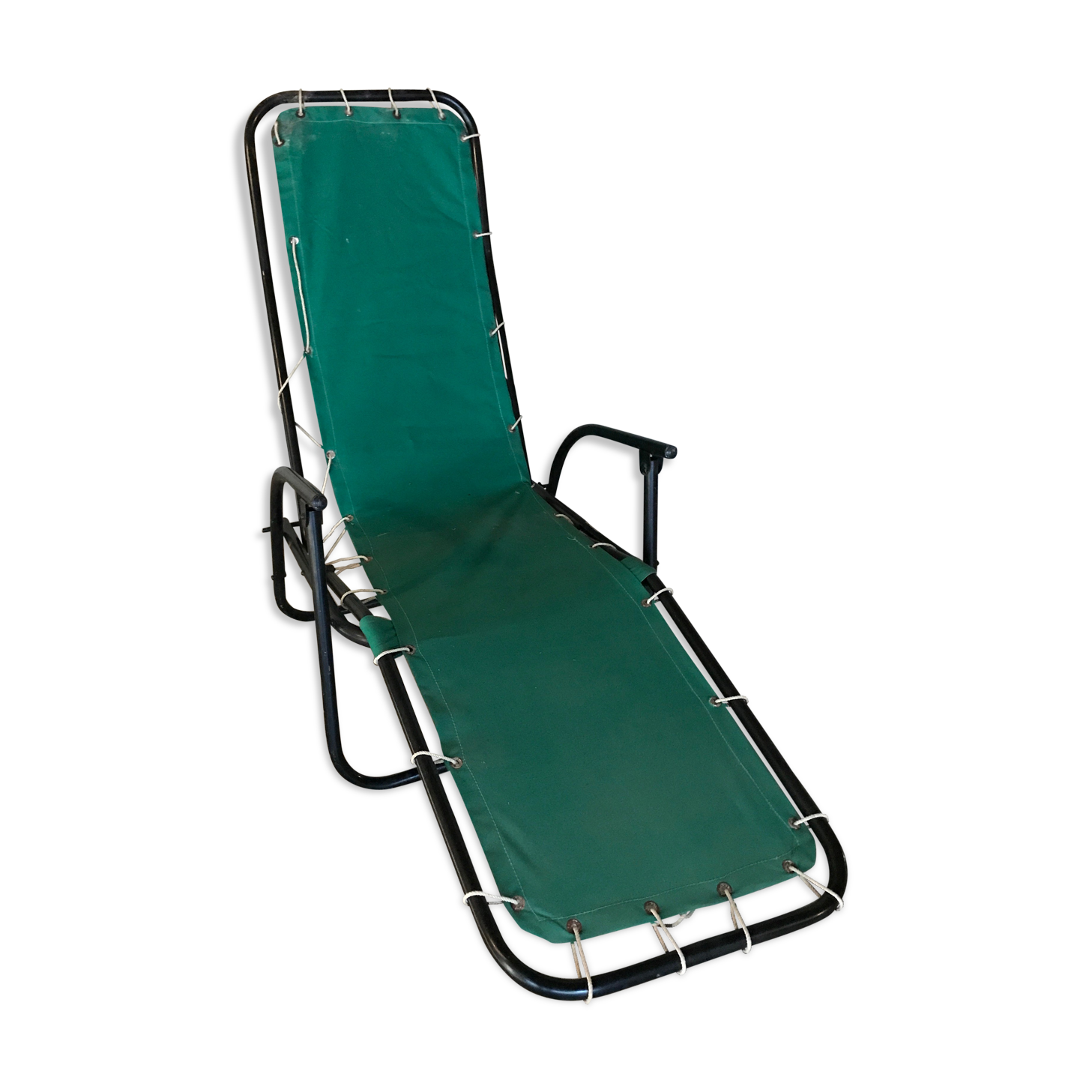 Green fabric and black metal tube long chair