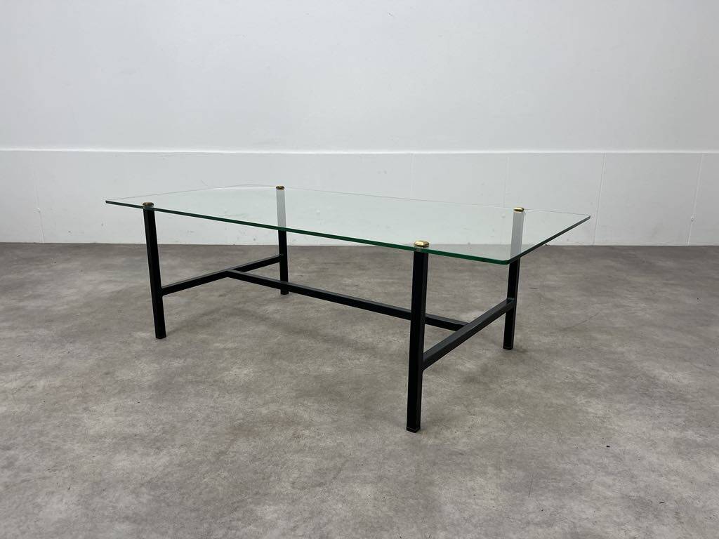 50s coffee table, glass and black metal