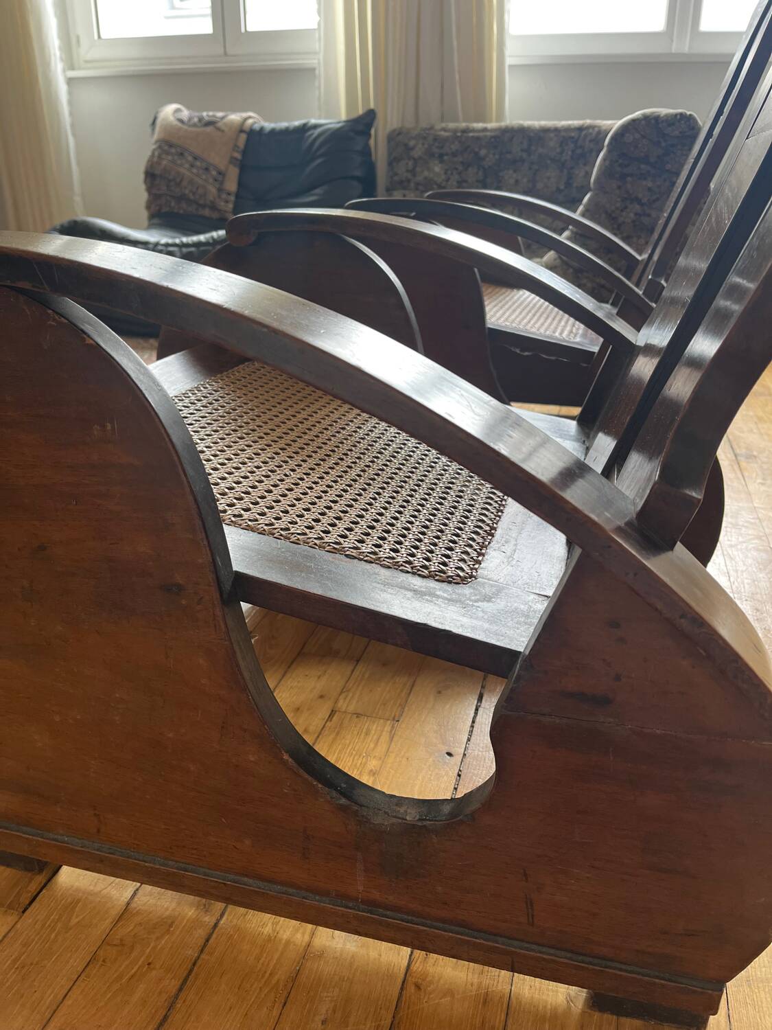 Pair of Art Deco armchairs in wood and cane.