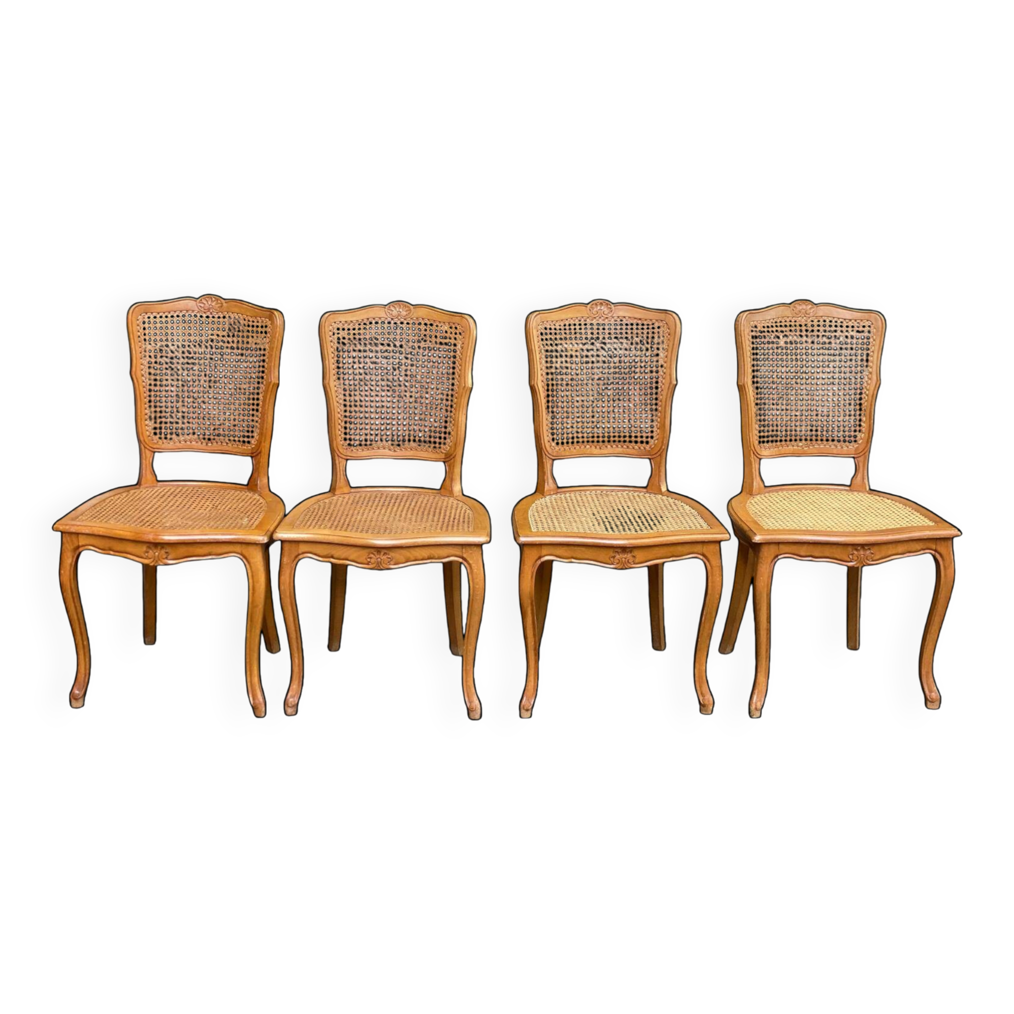 4 Louis XV dining chairs in light solid wood with caning.