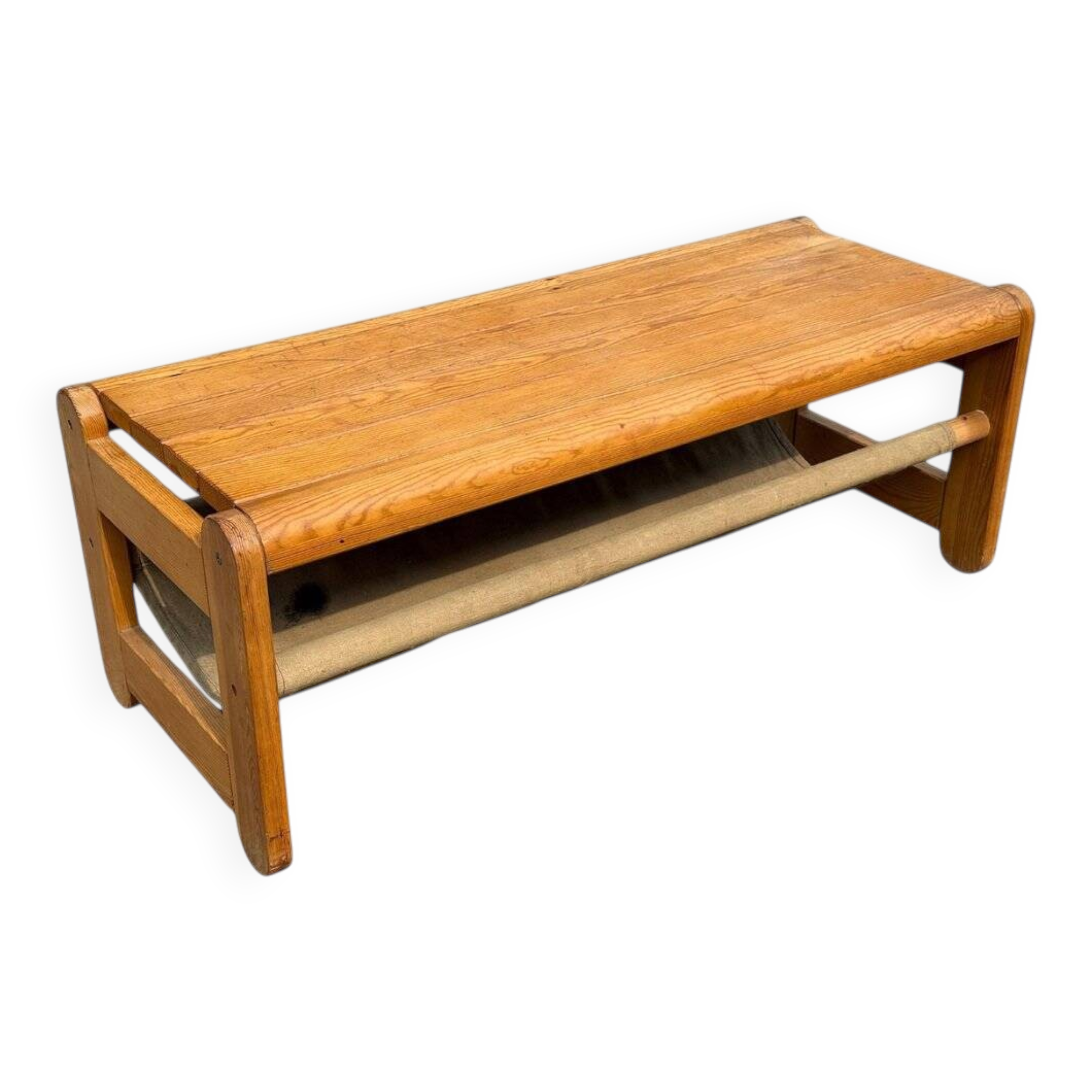 Scandinavian pine bench with canvas storage, 1970s
