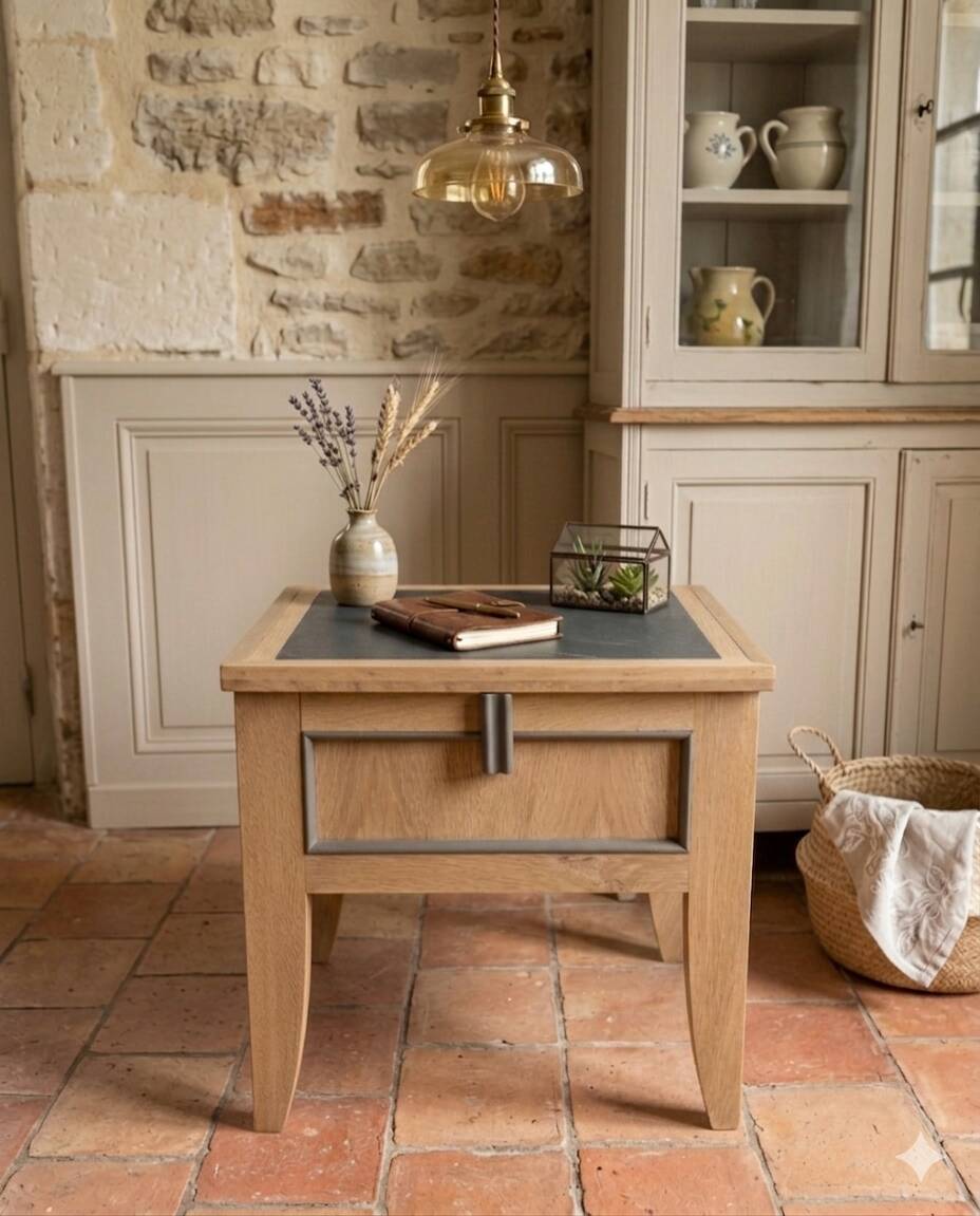 Table d'appoint, coffre en chêne massif