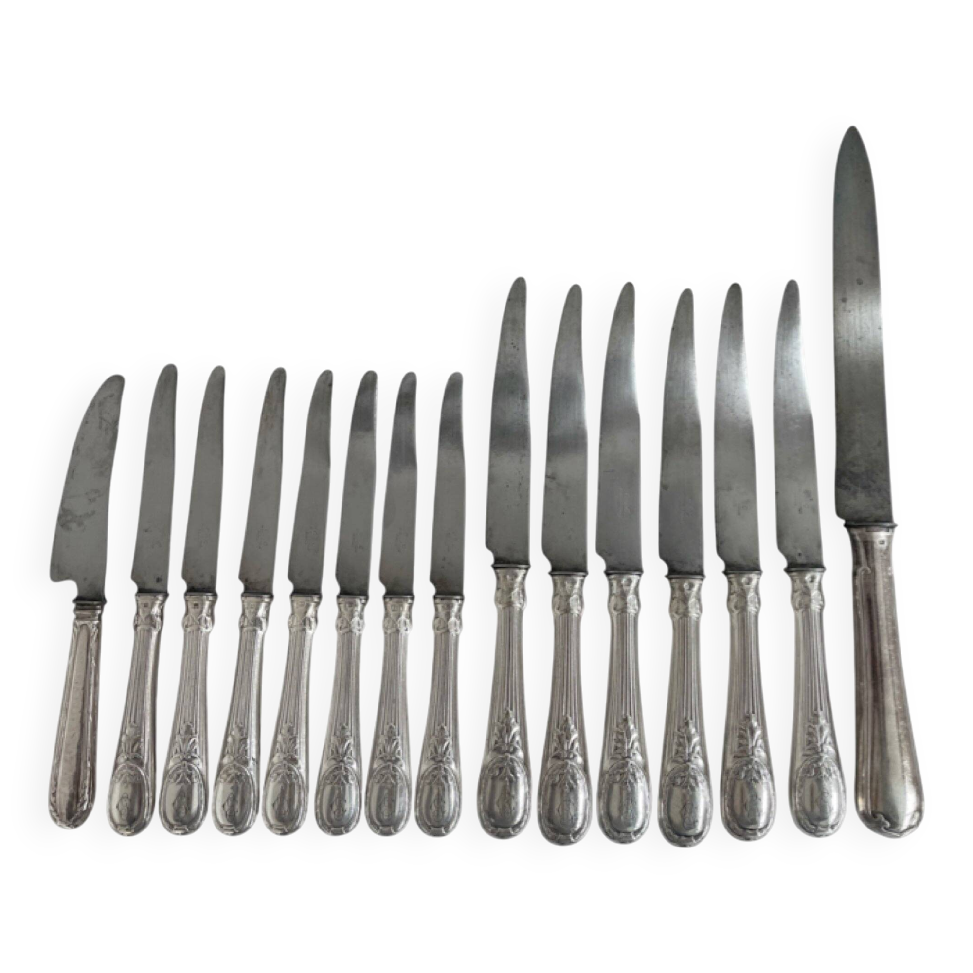 Knife set, Charles Christofle, silver plated metal, Art Nouveau, plant decoration, cheese, large
