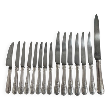 Knife set, Charles Christofle, silver plated metal, Art Nouveau, plant decoration, cheese, large