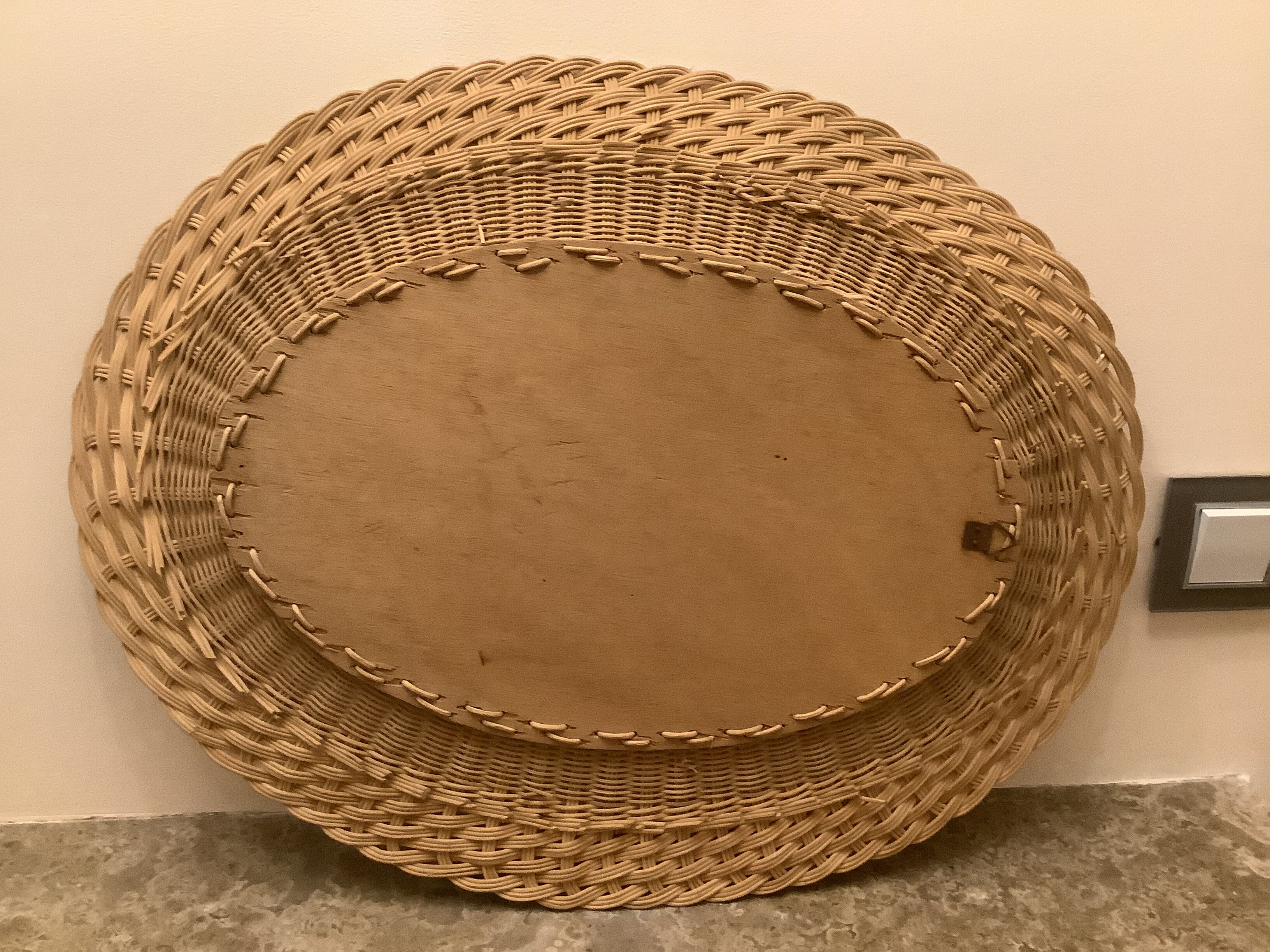 Old oval mirror wicker vintage rattan, 55x43 cm