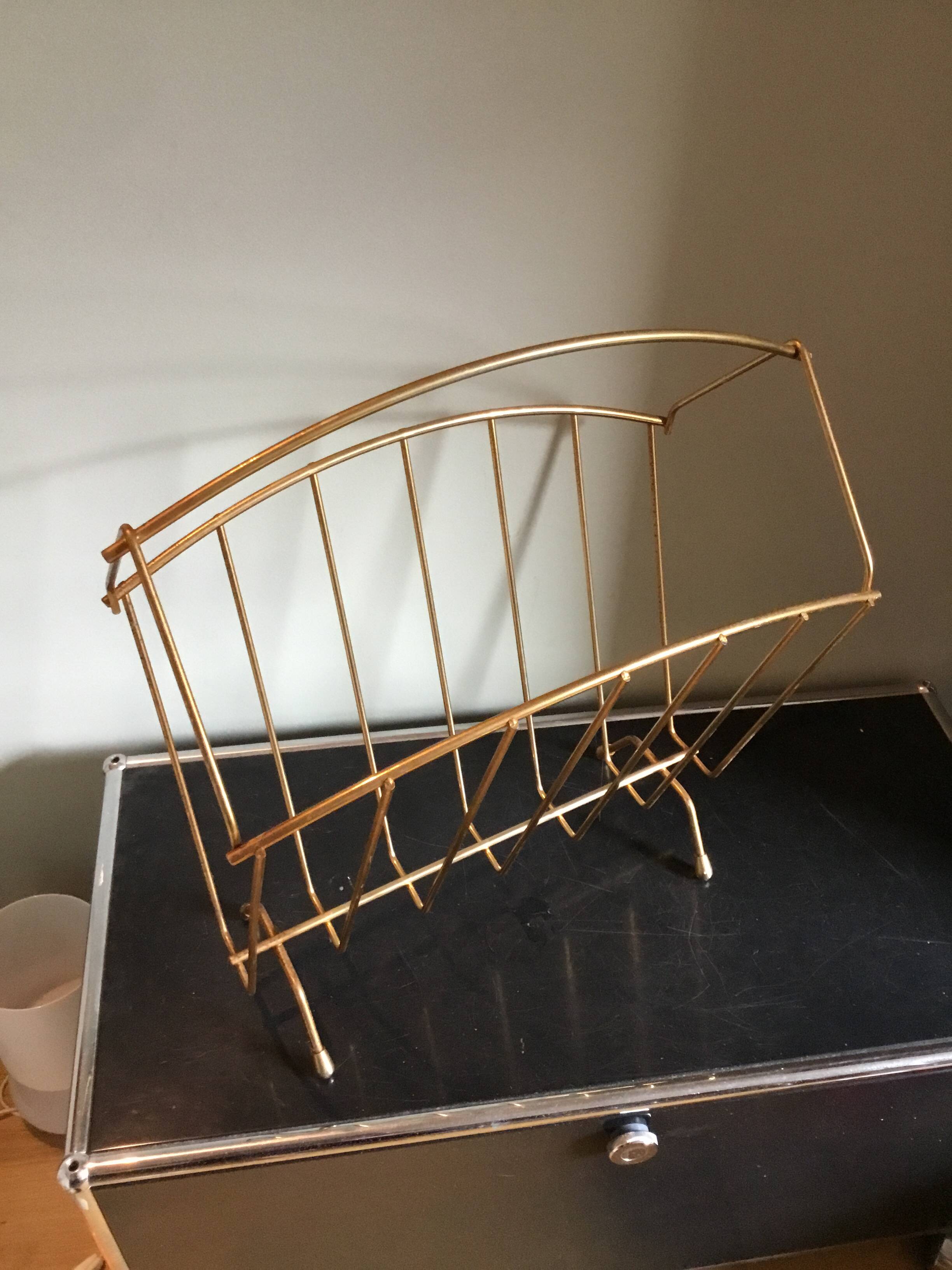 brass magazine rack, 1970s, gold-plated