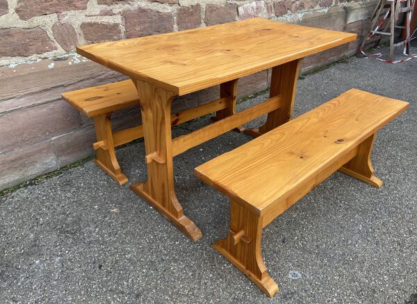 Ensemble à repas vintage en pin type scandinave, 1980 table et bancs