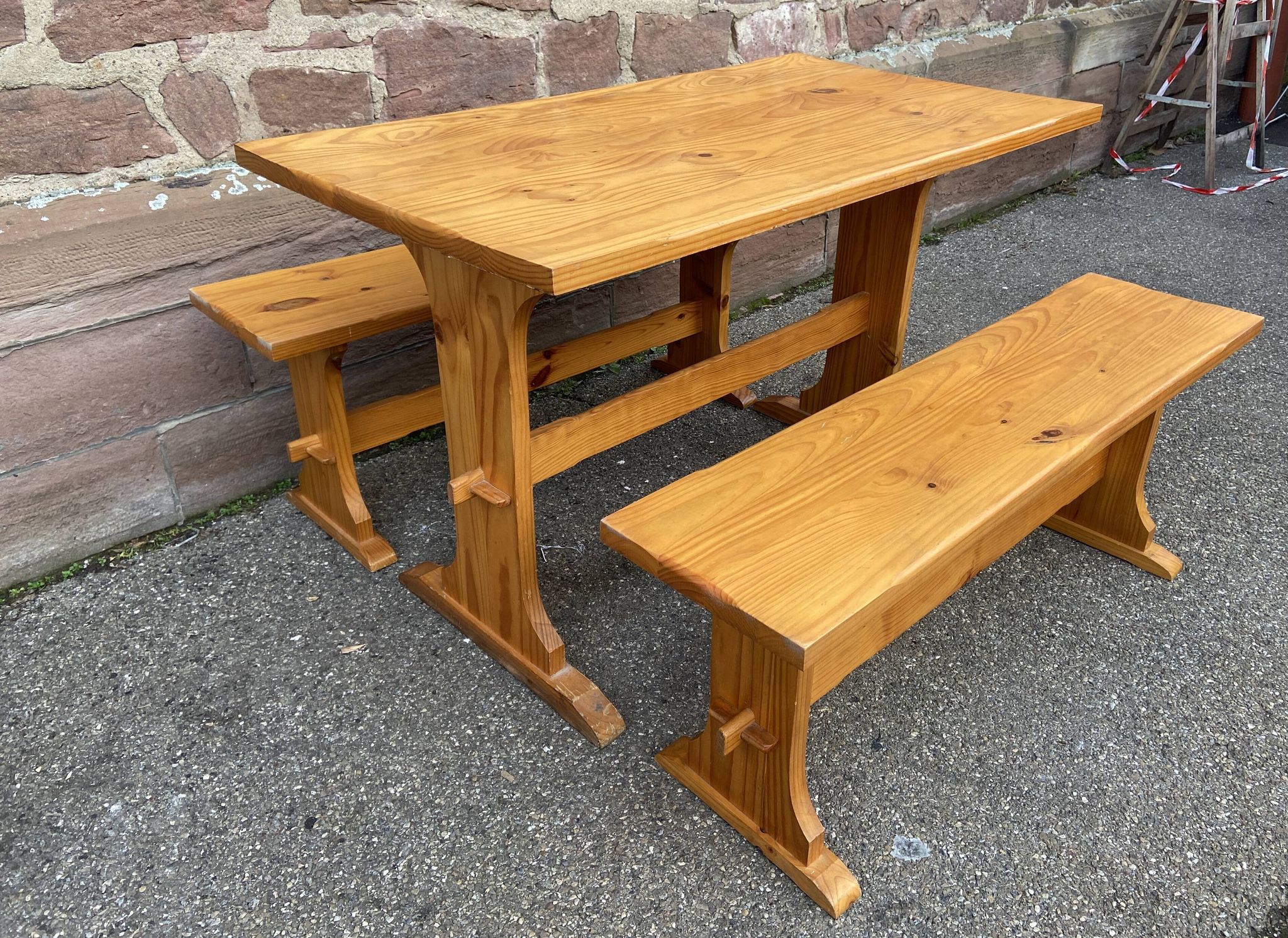 Vintage Scandinavian pine dining set, 1980s table and benches
