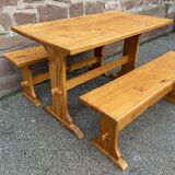 Vintage Scandinavian pine dining set, 1980s table and benches