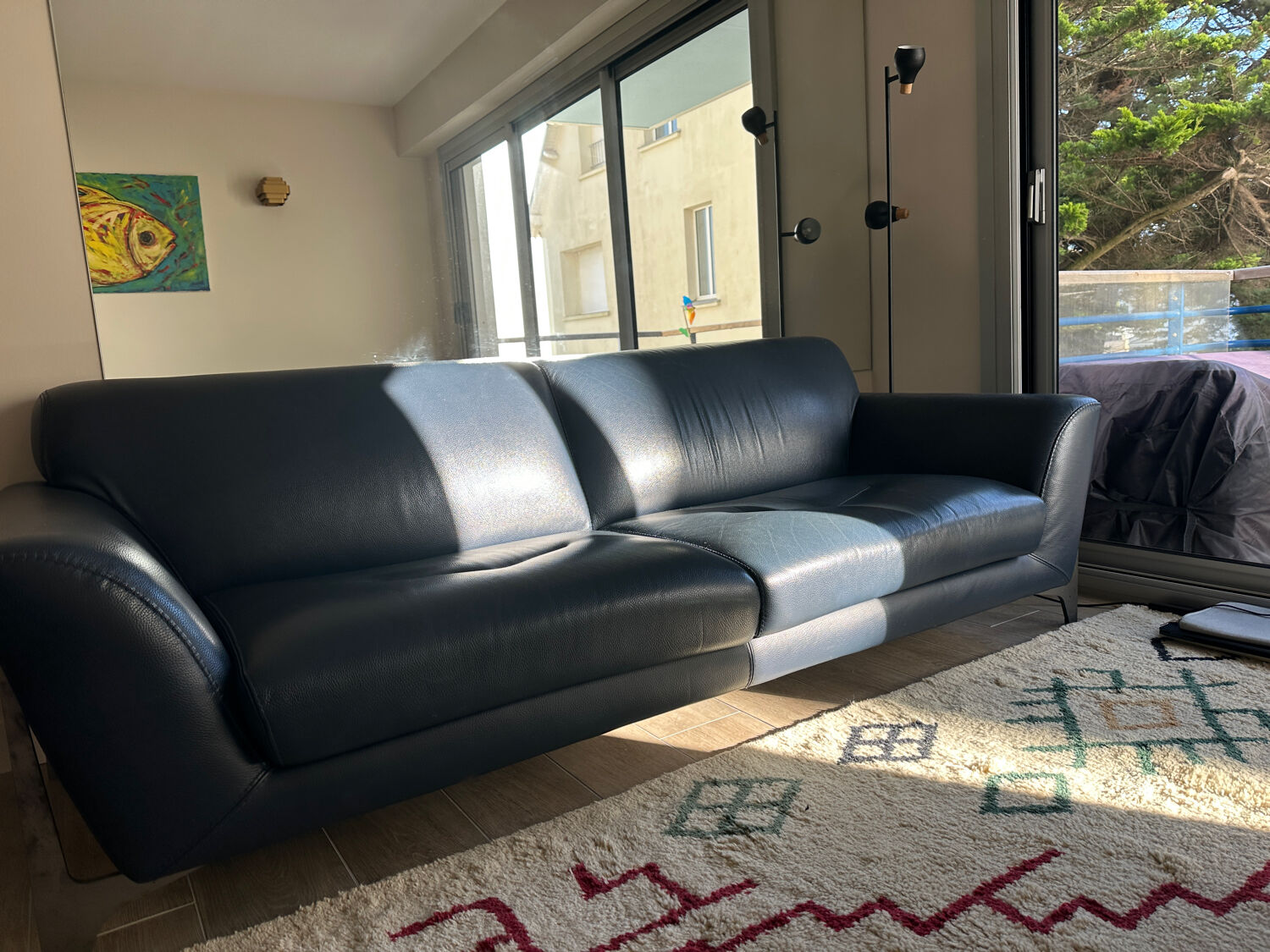 3-seater navy blue leather sofa Ligne Roset model Réflexion