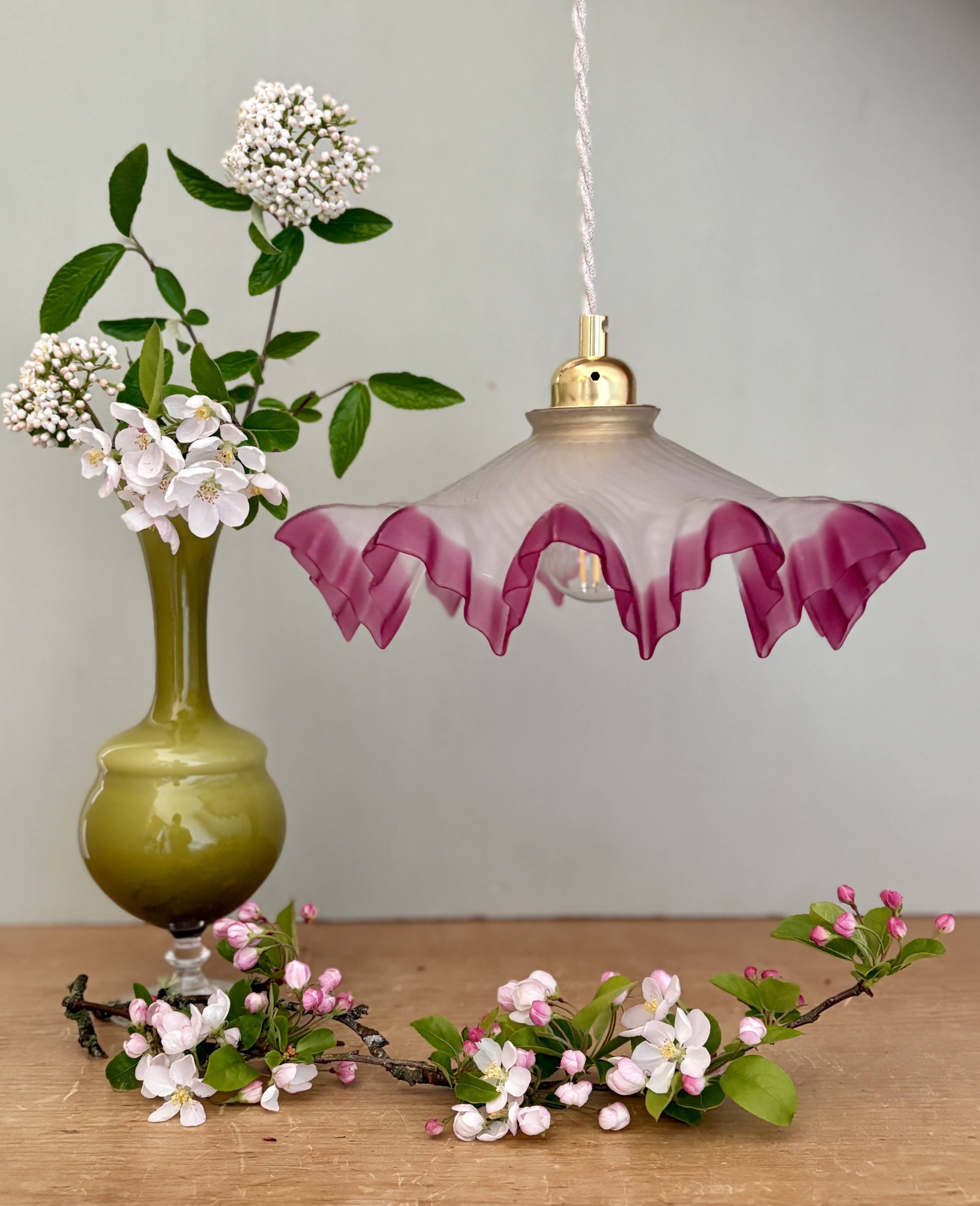 Vintage lace lampshade pendant light in pink frosted glass