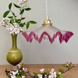 Vintage lace lampshade pendant light in pink frosted glass