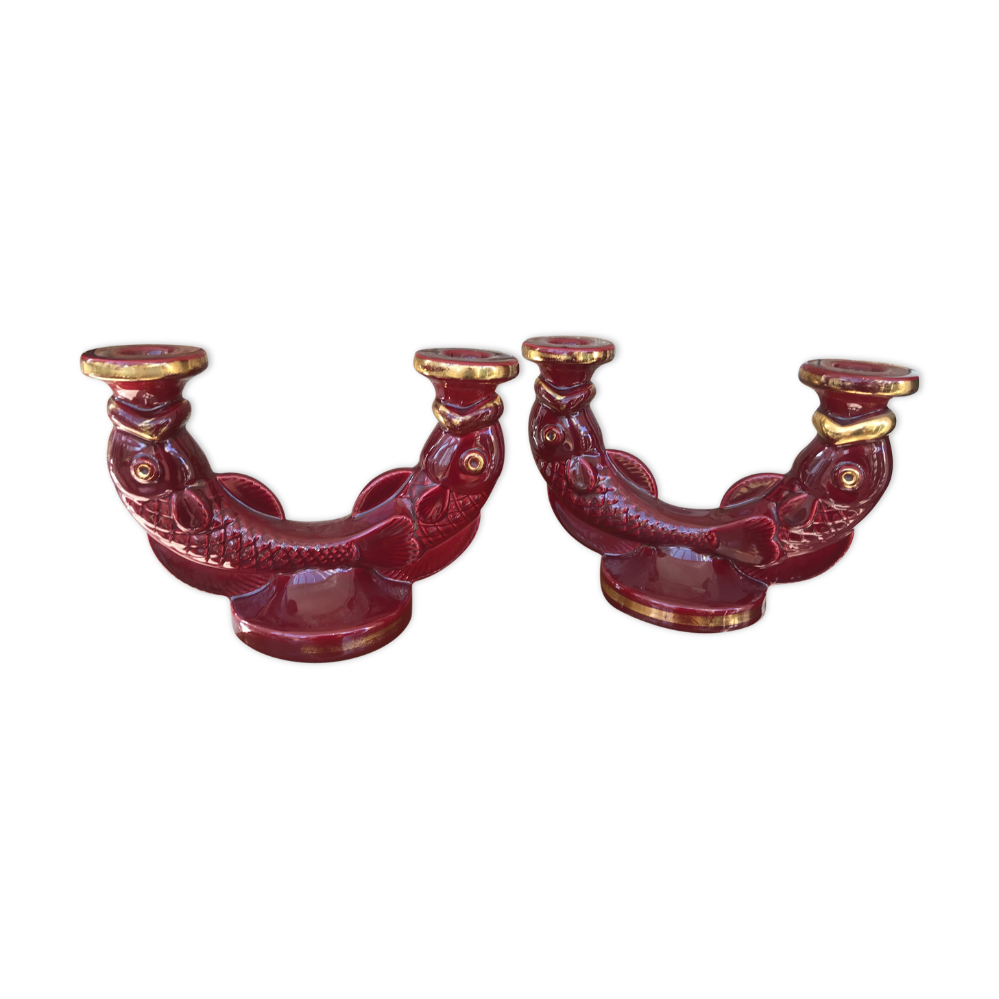 Pair of candlesticks red ceramic fish years 50