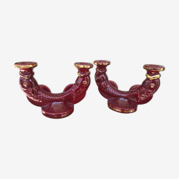 Pair of candlesticks red ceramic fish years 50