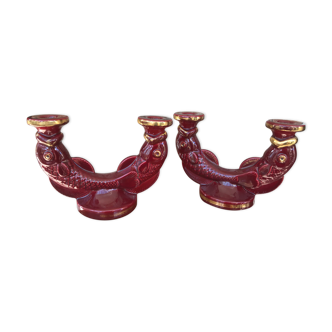 Pair of candlesticks red ceramic fish years 50