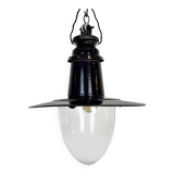 Industrial German Black Enamel Pendant Lamp with Glass Cover, 1930s