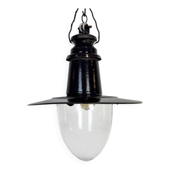 Lampe à suspension industrielle allemande en émail noir avec couvercle en verre, années 1930