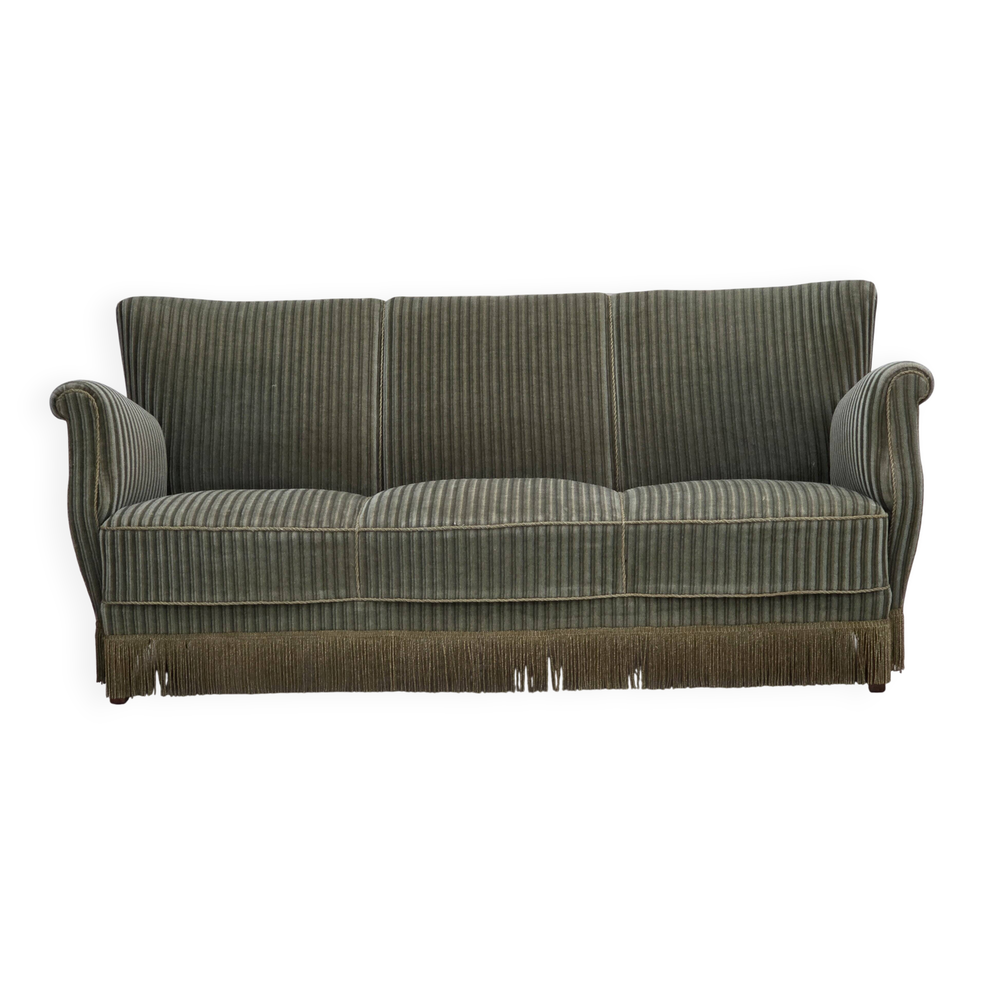 1960s, Danish 3-seater sofa, original green furniture velour, oak wood.