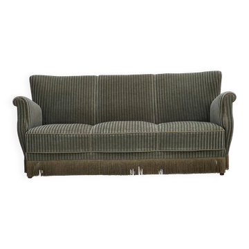 1960s, Danish 3-seater sofa, original green furniture velour, oak wood.