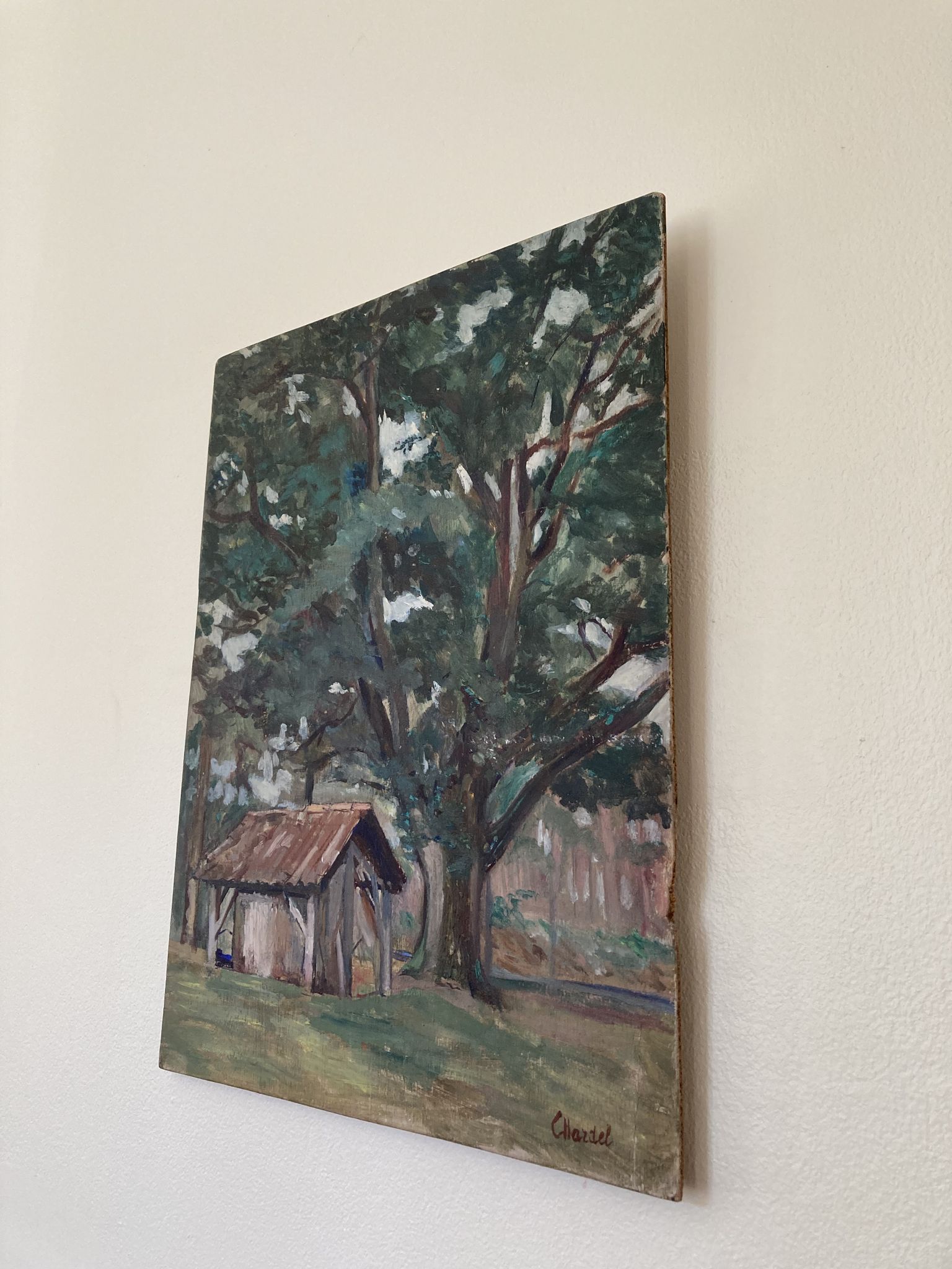 Oil on wood panel, old painting signed representing a tree and a bread oven of the Landes