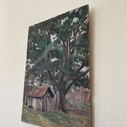Oil on wood panel, old painting signed representing a tree and a bread oven of the Landes