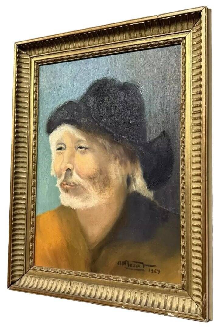Oil painting on canvas portrait of a Chinese man in a black hat.