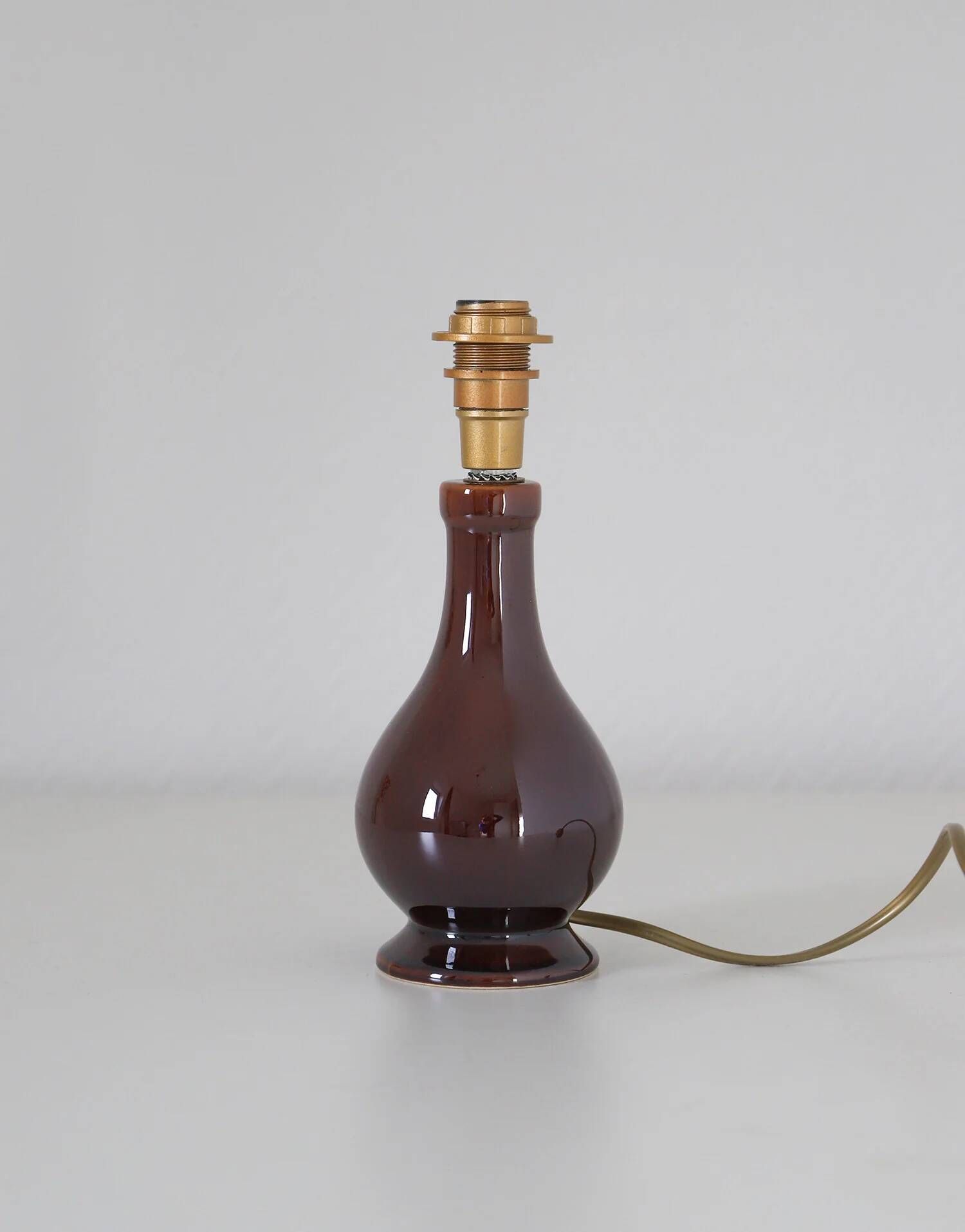 Recycled vintage lamp — brown ceramic base, terracotta gingham shade