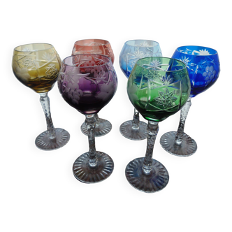 6 verres rhoemer de couleurs signés - cristallerie de Lorraine