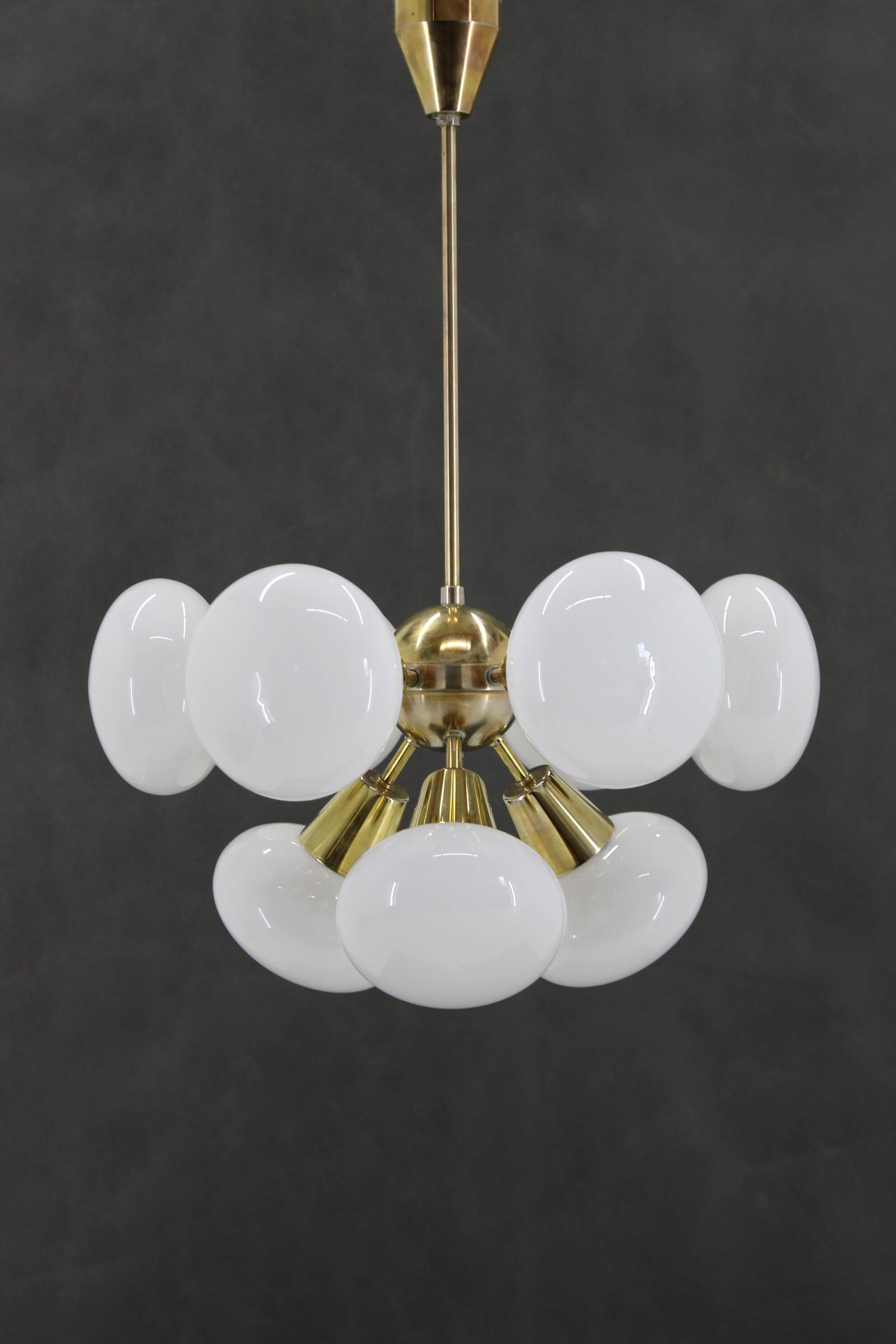 1970s Brass 9-Flamming Chandelier by Sputnik , Czechoslovakia
