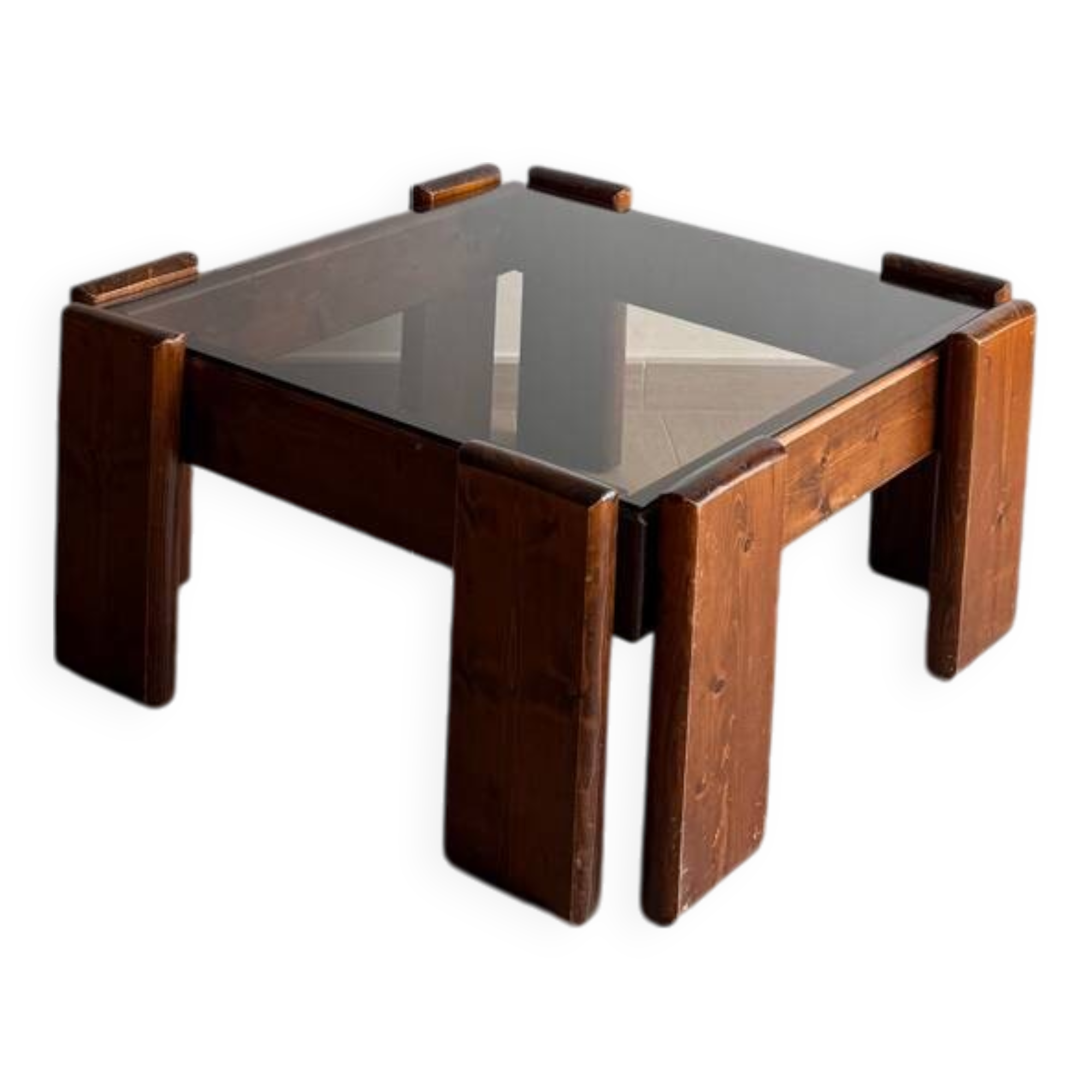 Table basse  carré en bois massif et verre fumé – Années 70