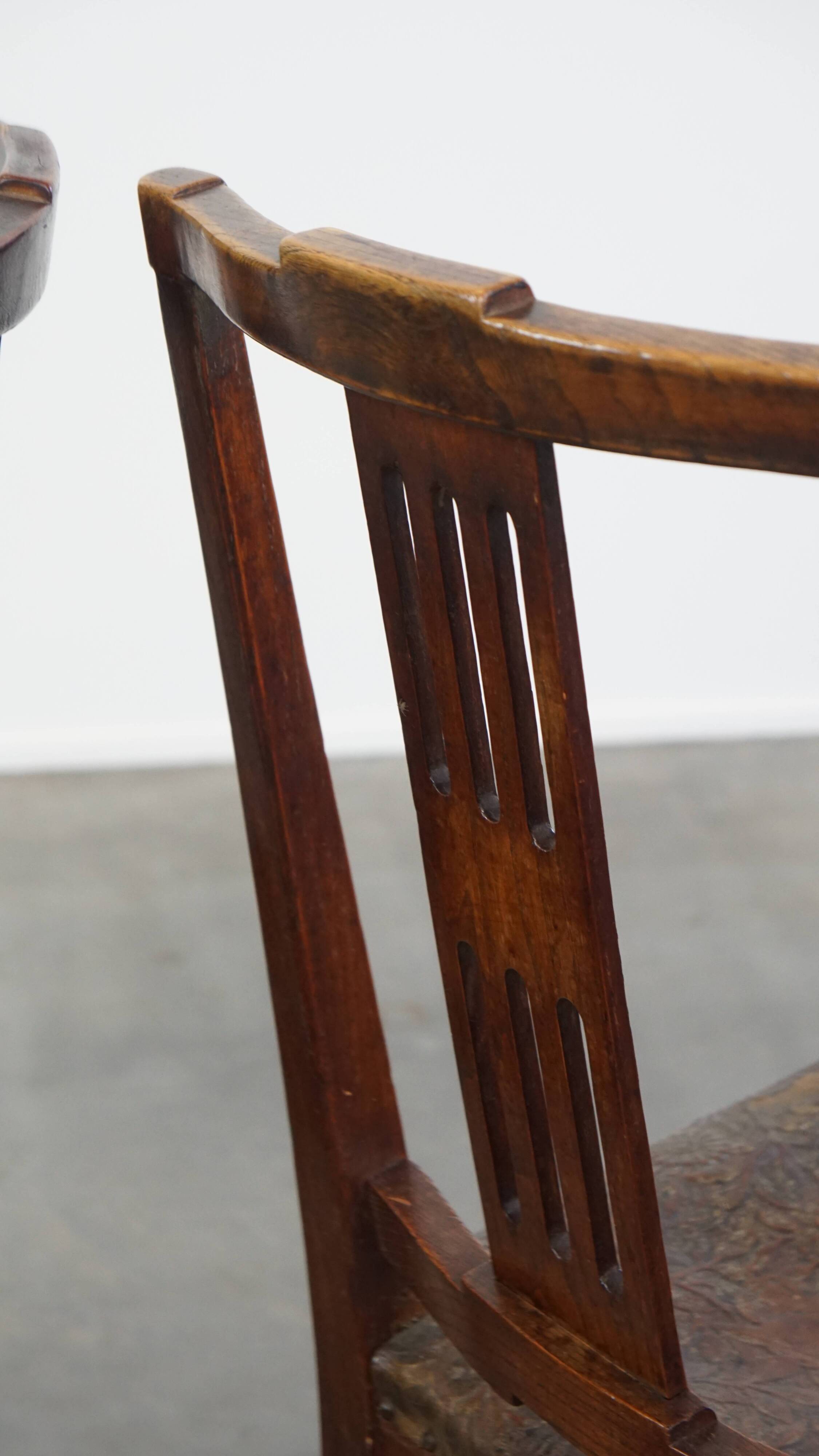 Ensemble de 6 chaises de salle à manger en cuir antiques d'origine néerlandaise