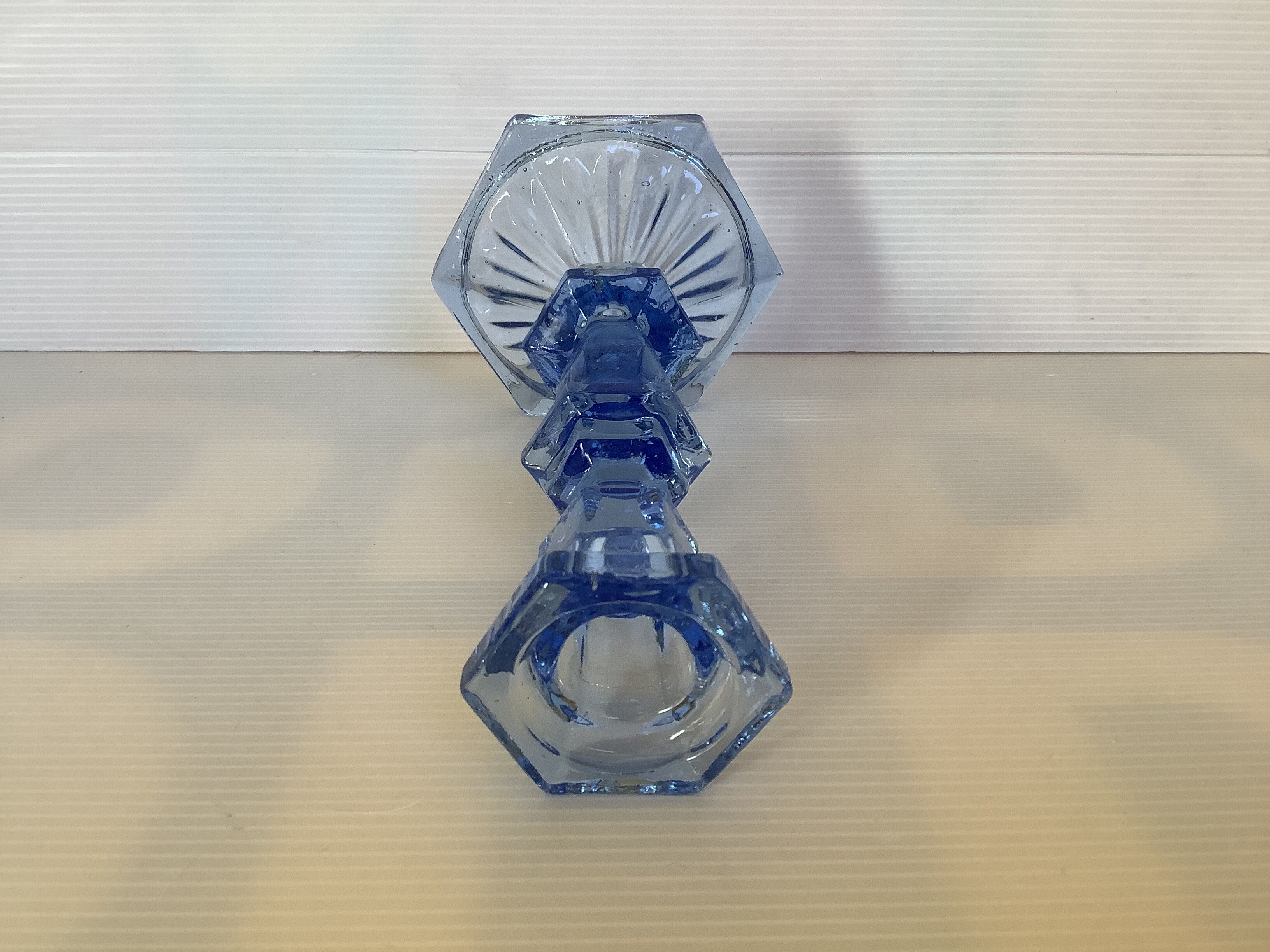 Octagonal blue molded glass candle holder