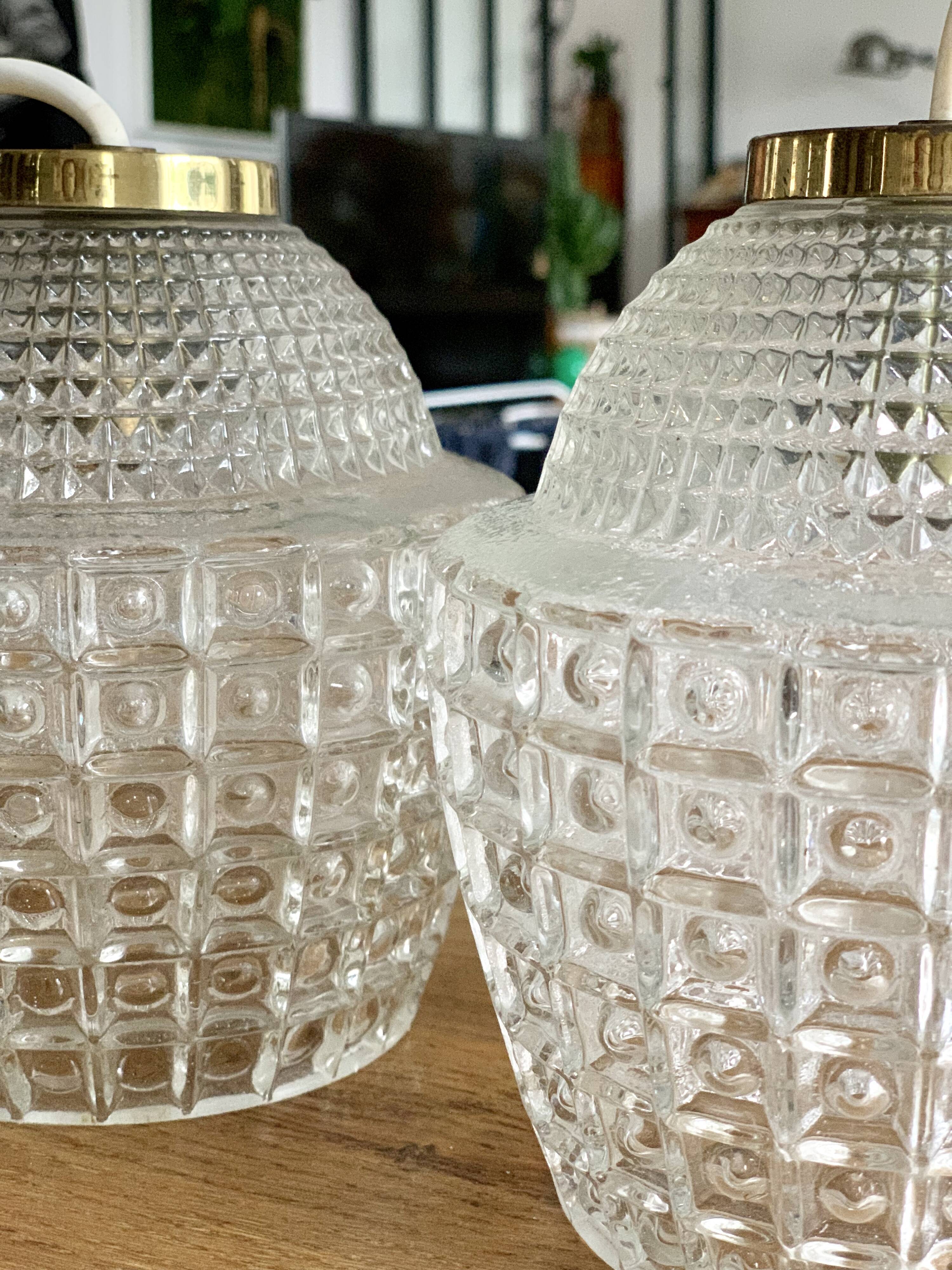 Pair of glass and vintage brass suspension