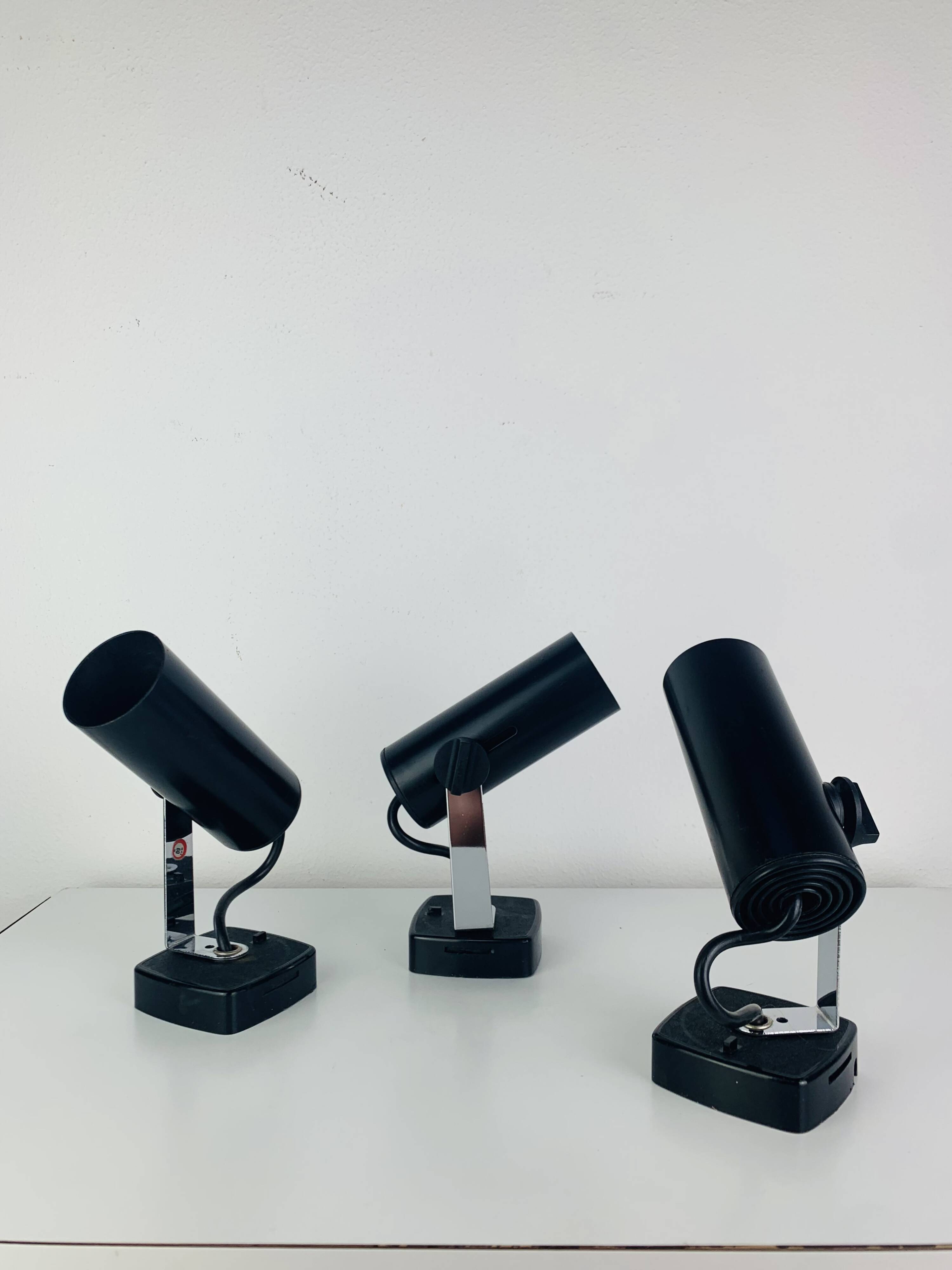 3 black metal and chrome vintage spotlights by Targetti