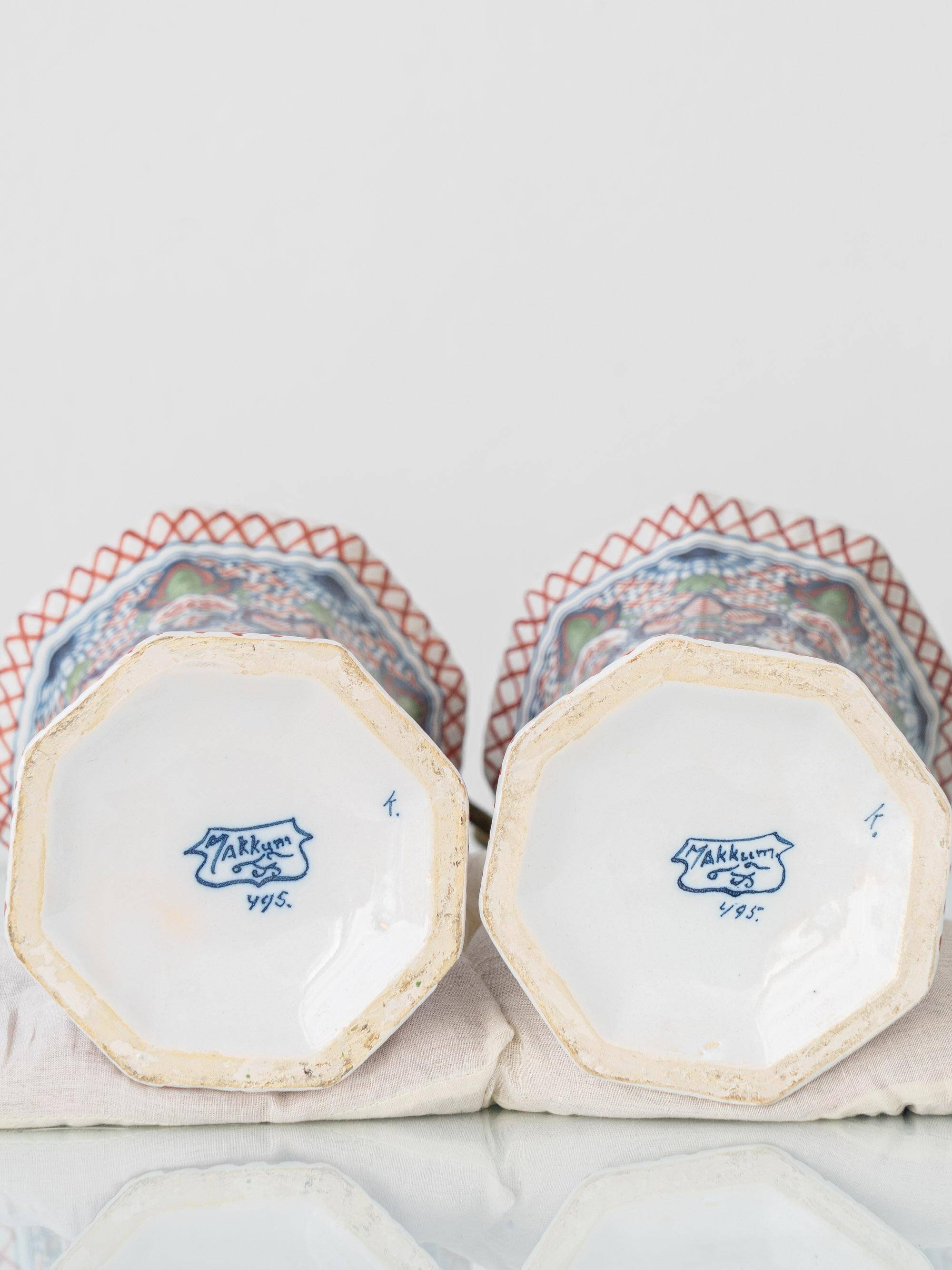 Pair of Dutch Delft Makkum ceramic table lamps with new olive green velvet shades.