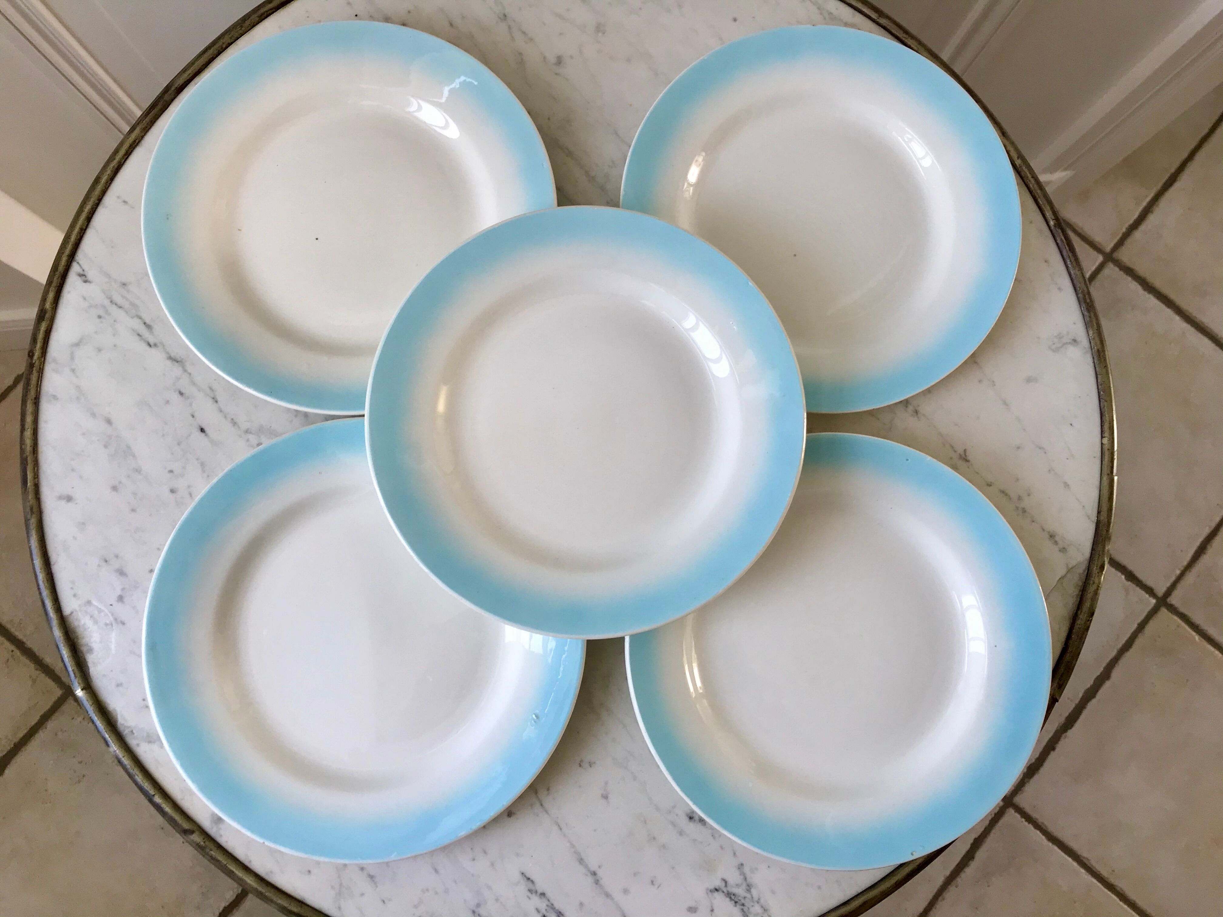 set of 5 pastel gradient sky blue dessert plates from the 40s and 50s