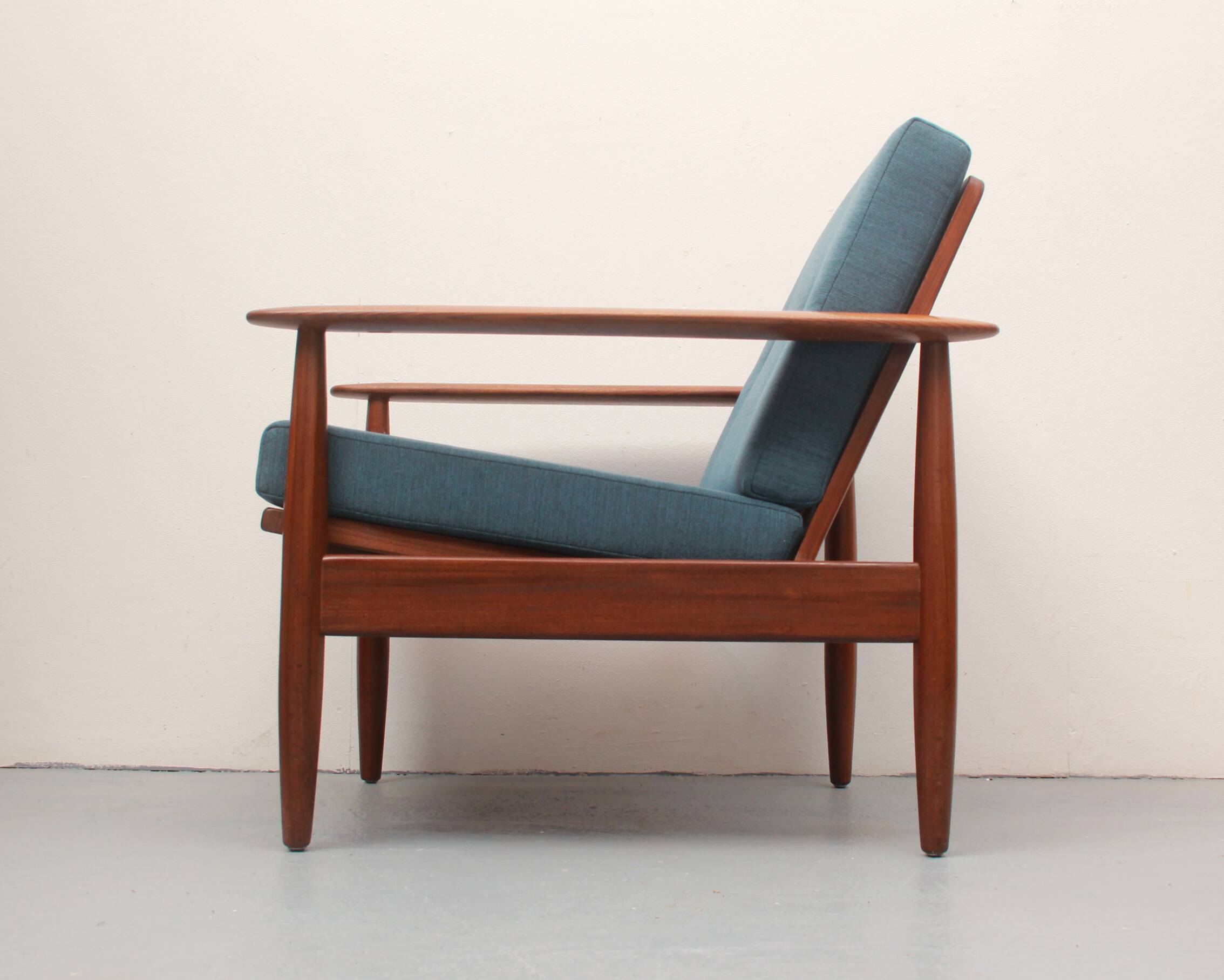 1960s armchair in teak, cushions petrol