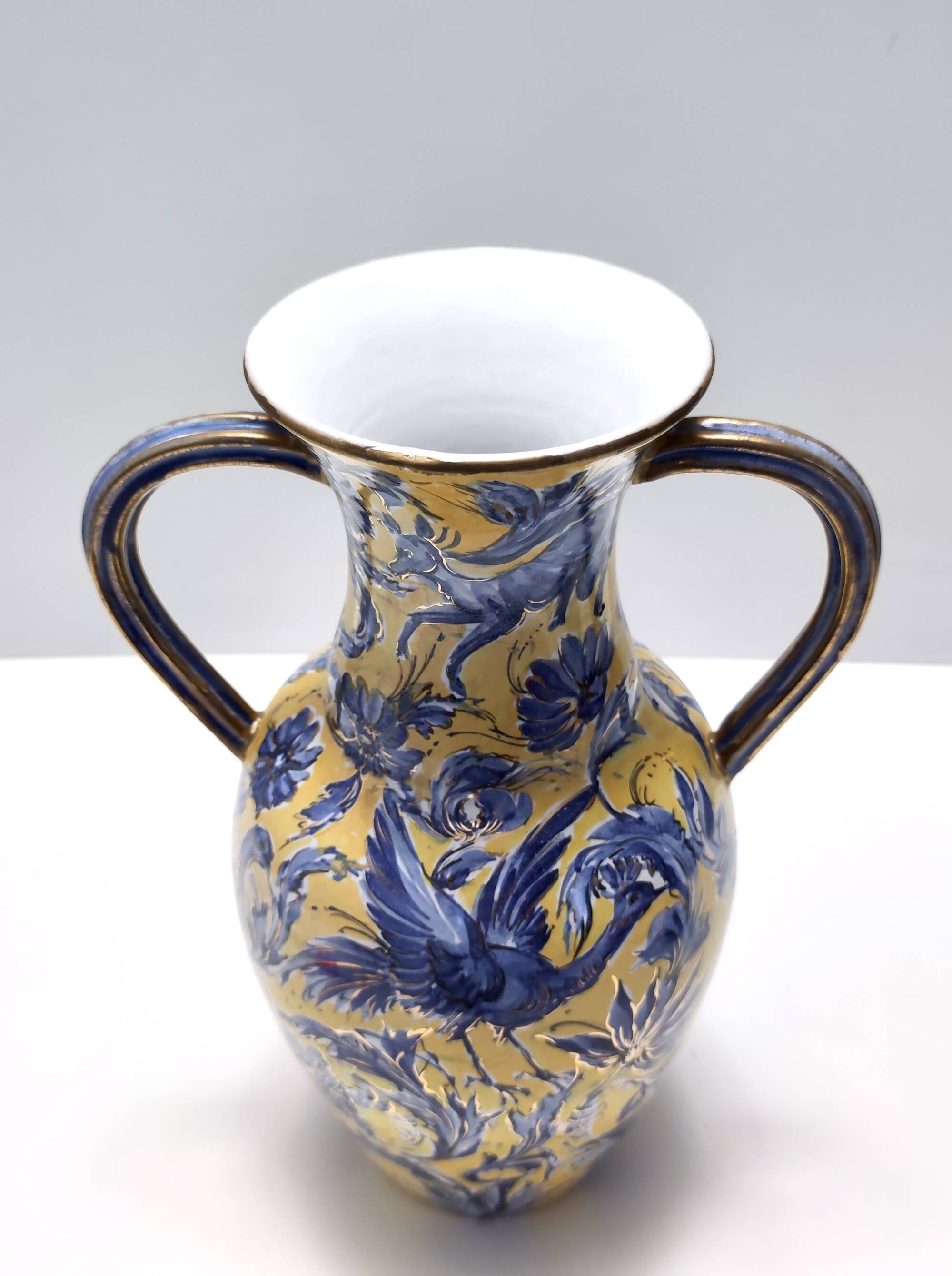 Handmade Yellow and Blue Glazed Ceramic Amphora Vase by Zulimo Aretini, Ita