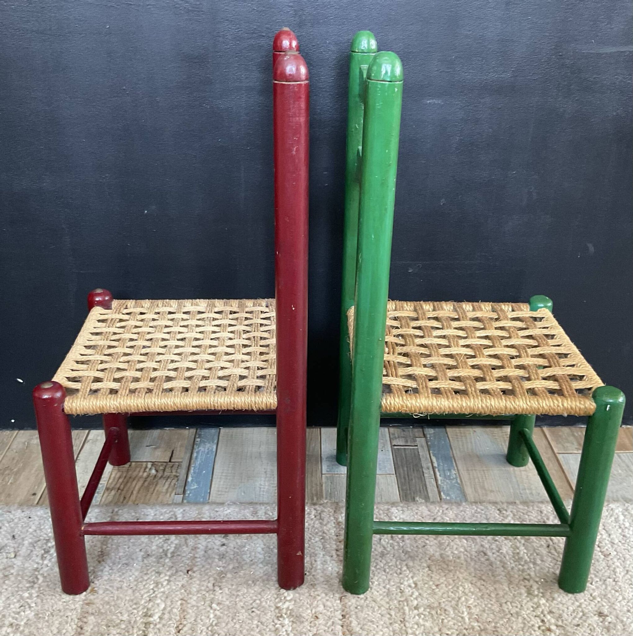 Vintage wooden and rope children's chair pair