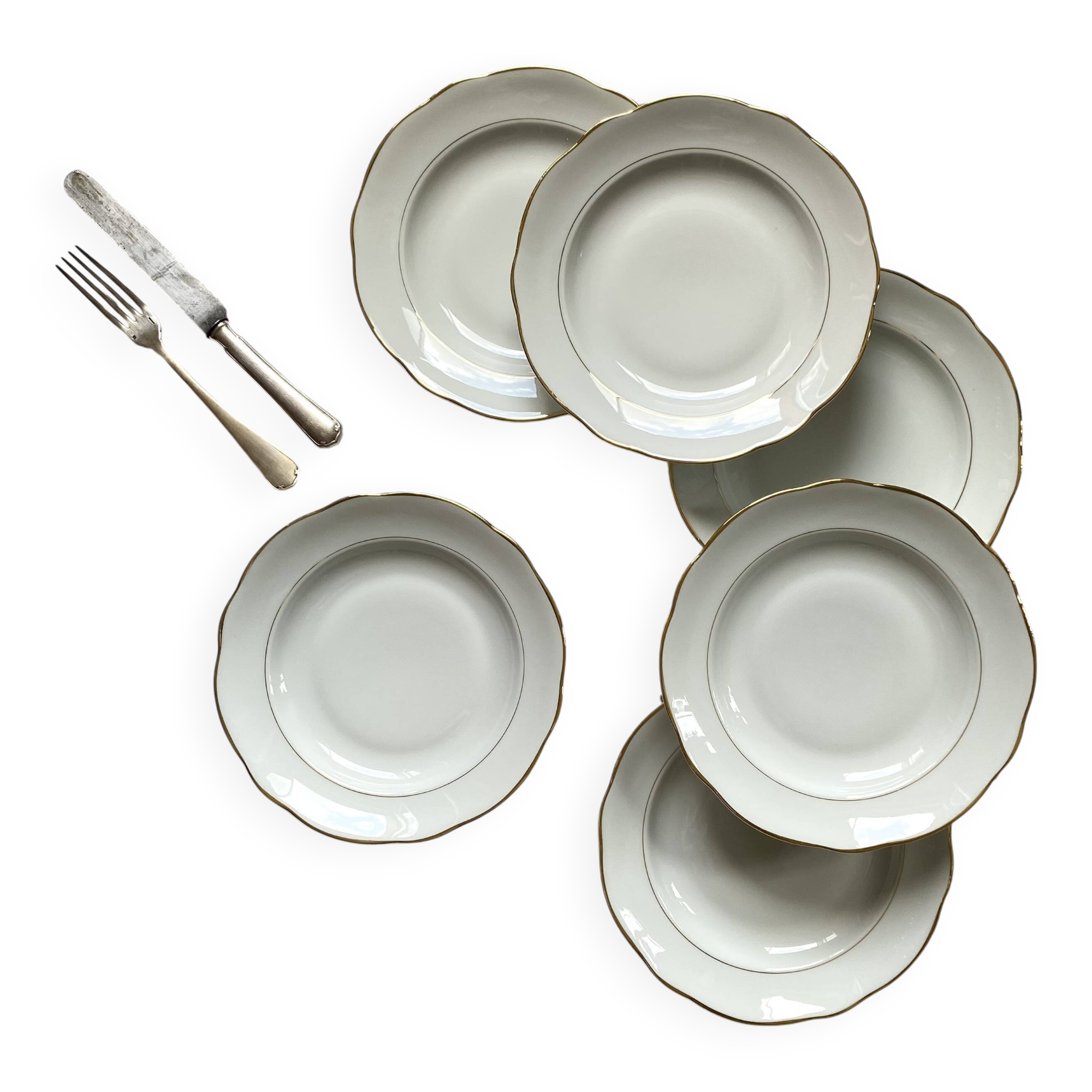 6 deep plates white porcelain with gold decoration Sologne Lamotte