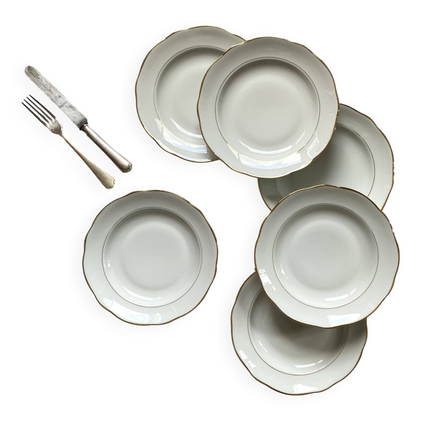 6 assiettes creuses porcelaine blanche dorure Sologne Lamotte