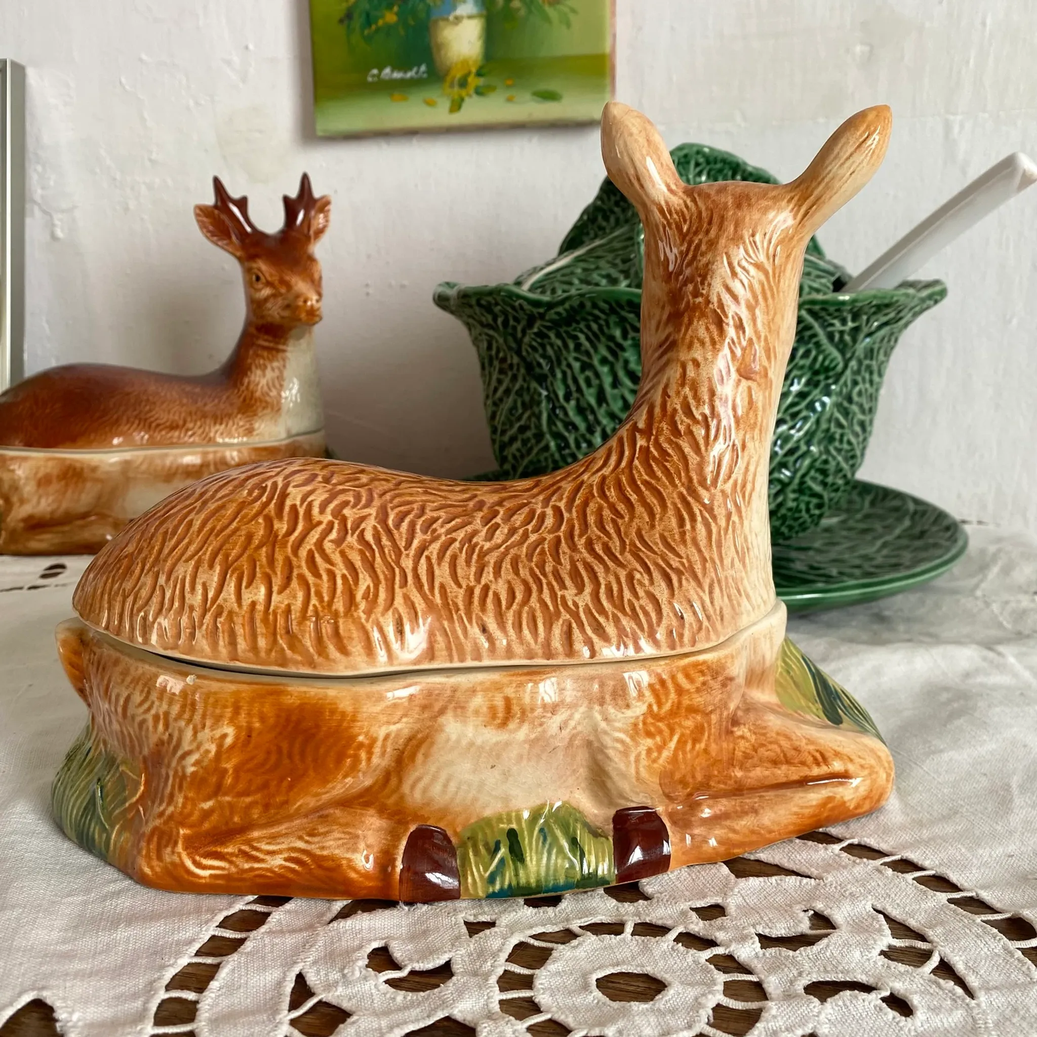 Zoomorphic terrine of a doe in earthenware by Michel Caugant