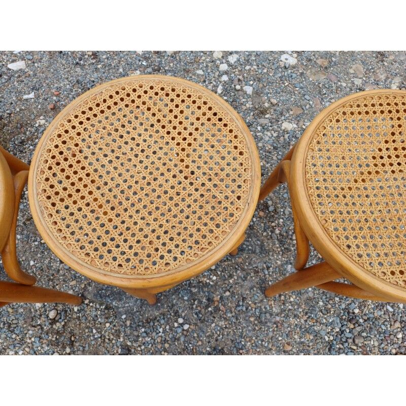 3 wooden and cane stools