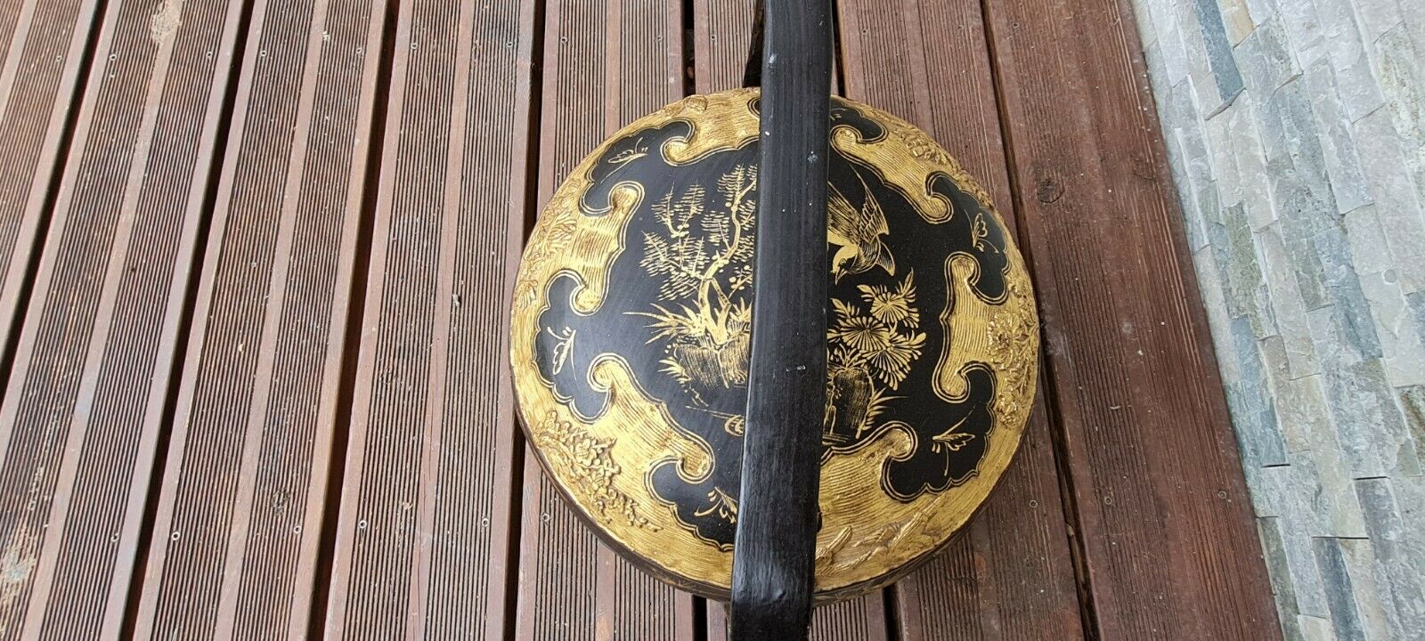Panier de mariage chinois en bois et osier noir laqué et or