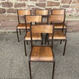 Set of 6 vintage industrial school chairs for communities mullca delagrave tube & wood