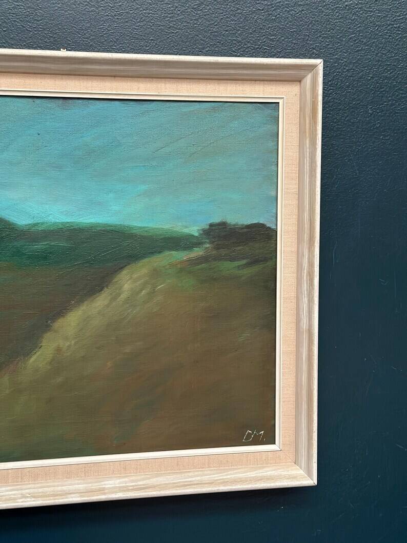 Huile sur toile originale suédoise – "Paysage" par Dina Mortensen – Signé DM – Vintage et encadré – 53 × 45,5 cm (20,9" × 17,9")