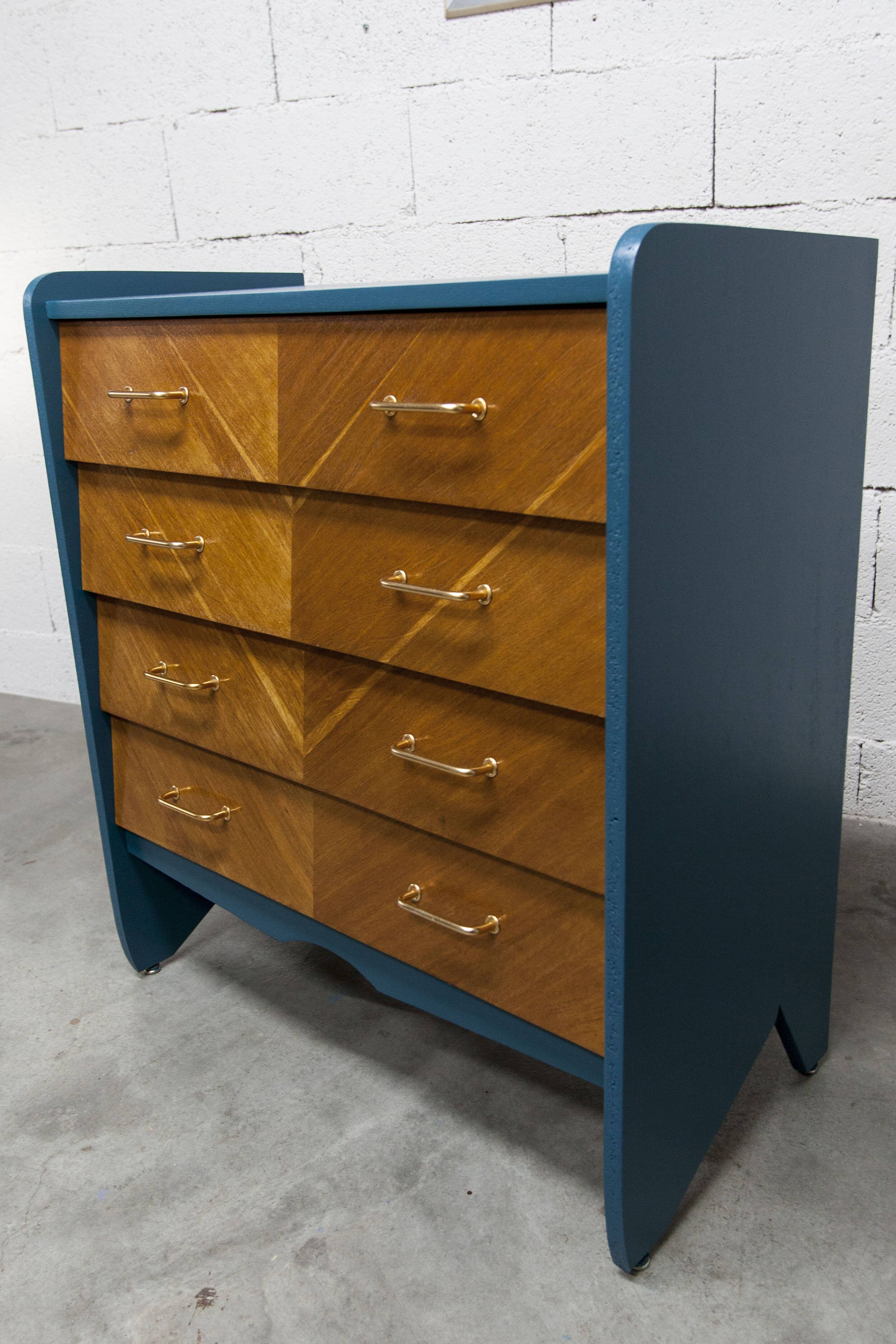 Commode scandinave 1960 atypique bleu Satiné 4 tiroirs