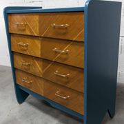 Commode scandinave 1960 atypique bleu Satiné 4 tiroirs